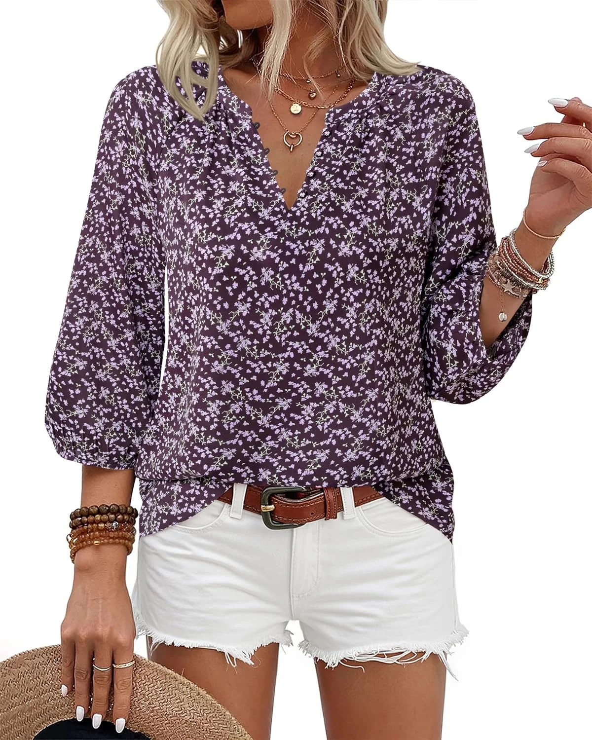 VALOLIA بلوز زنانه آستین سه ربع دکمه دار، پیراهن یقه هفت، لباس کار، بلوزهای شیک و غیر رسمی، تاپ های شیفون