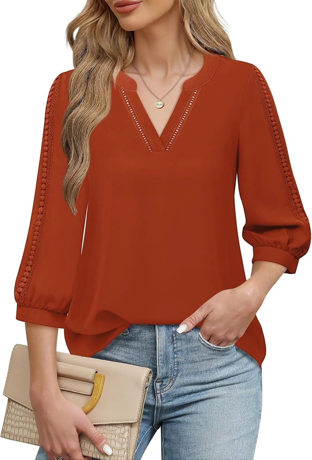 یونیکسه‌کو بلوز زنانه آستین سه ربع، شومیز شیفون یقه هفت، تاپ های غیر رسمی تجاری، پیراهن های کار زنانه