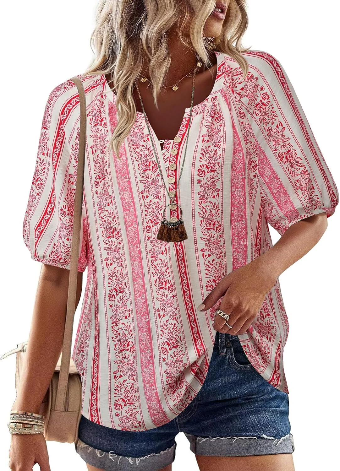 یونیکسه‌کو تاپ زنانه تابستانی یقه هفت آستین کوتاه، بلوز دکمه دار غیر رسمی، لباس گلدار بوهو، ترندی 2025