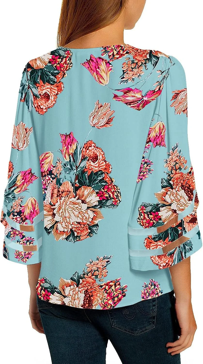 Utyful Dressy Tops for Women Women's Summer Casual V Neck Mesh Panel 3/4 Bell Sleeve Loose Blouse Top