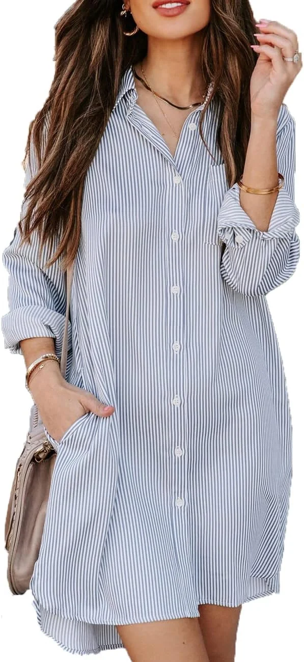 Vasitelan پیراهن دکمه دار زنانه آستین بلند نخی، بلوز و تاپ جیب دار، مناسب استفاده روزمره