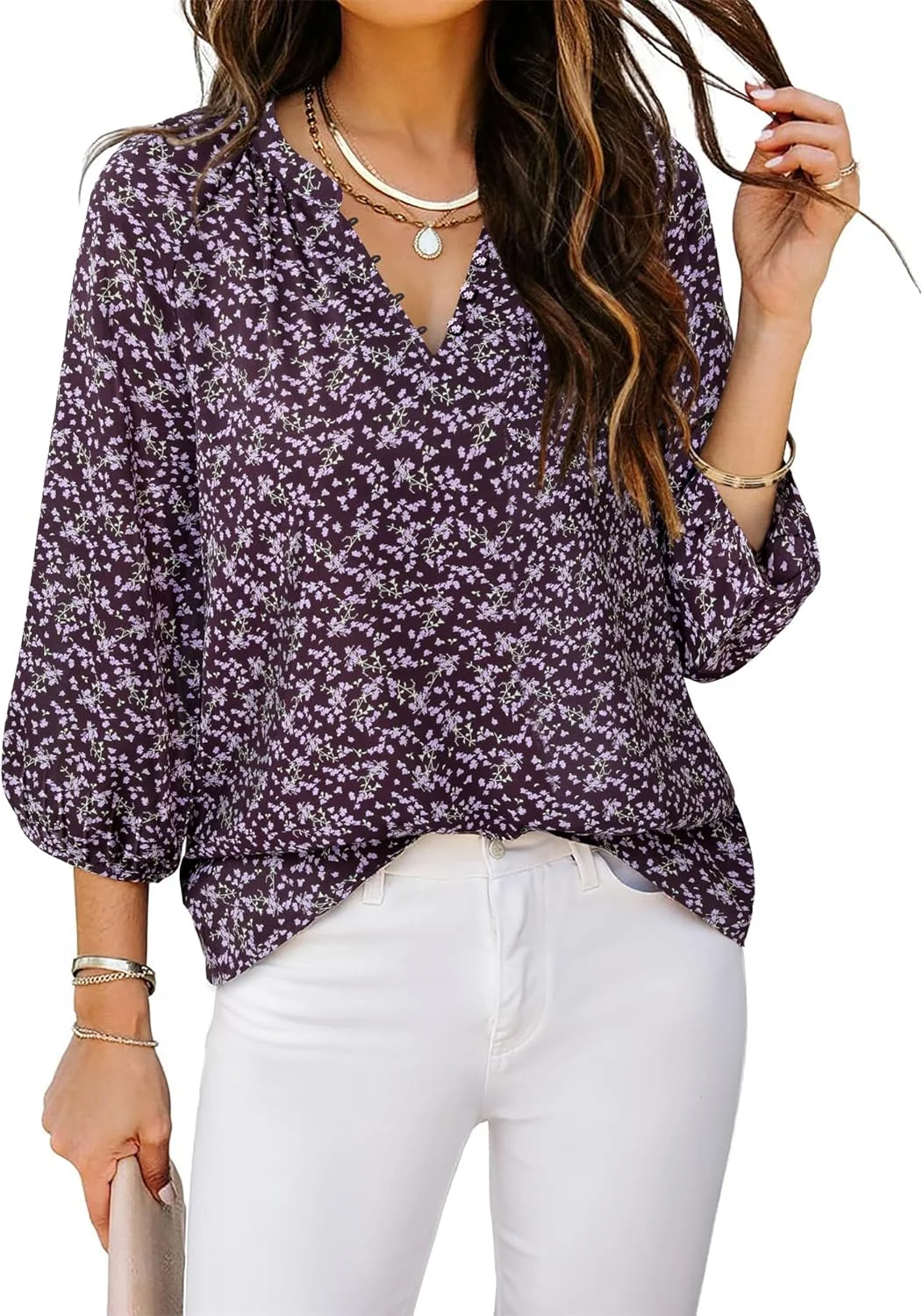 VALOLIA بلوز زنانه آستین سه ربع دکمه دار، پیراهن یقه هفت، لباس کار، بلوزهای شیک و غیر رسمی، تاپ های شیفون