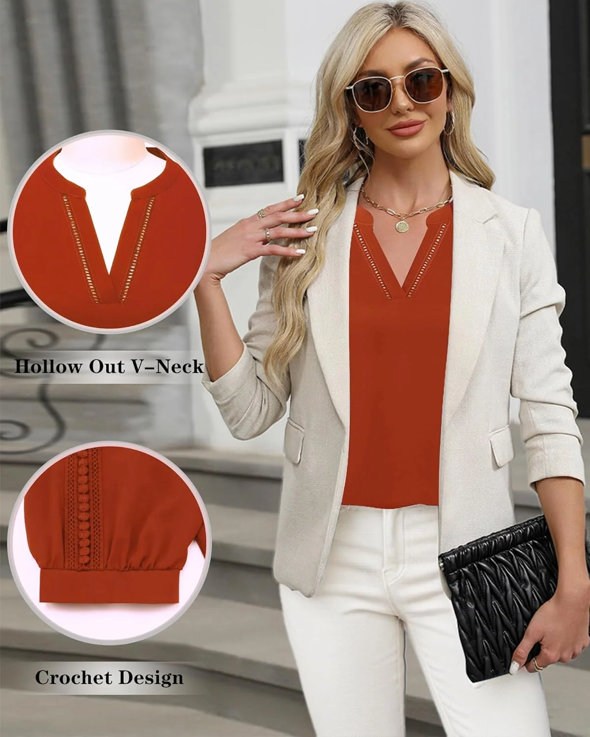 یونیکسه‌کو بلوز زنانه آستین سه ربع، شومیز شیفون یقه هفت، تاپ های غیر رسمی تجاری، پیراهن های کار زنانه