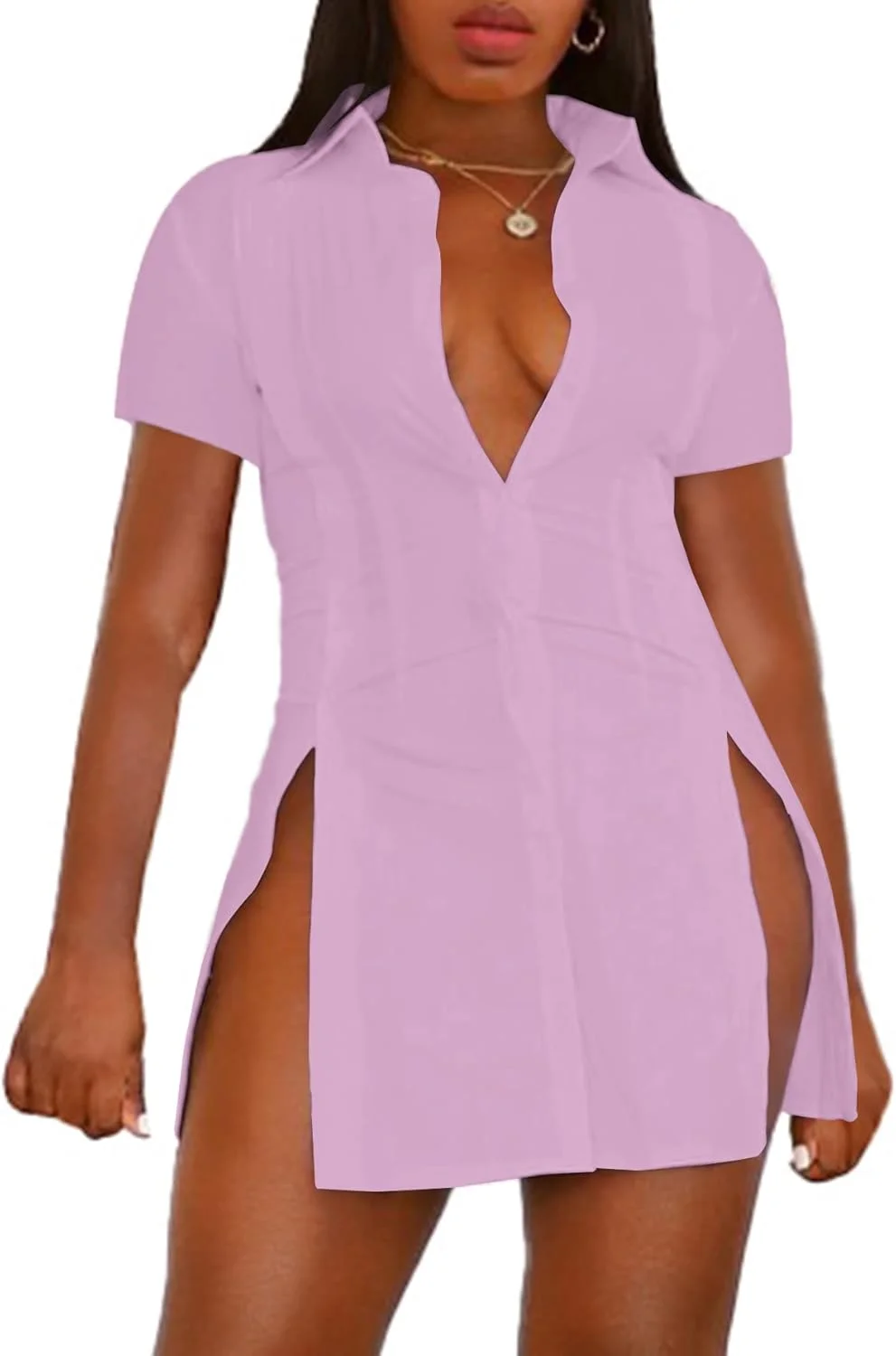 اومنلله پیراهن زنانه دکمه دار یقه دار آستین کوتاه با چاک کناری مناسب کار، بلوز بلند و پیراهن بالاتنه