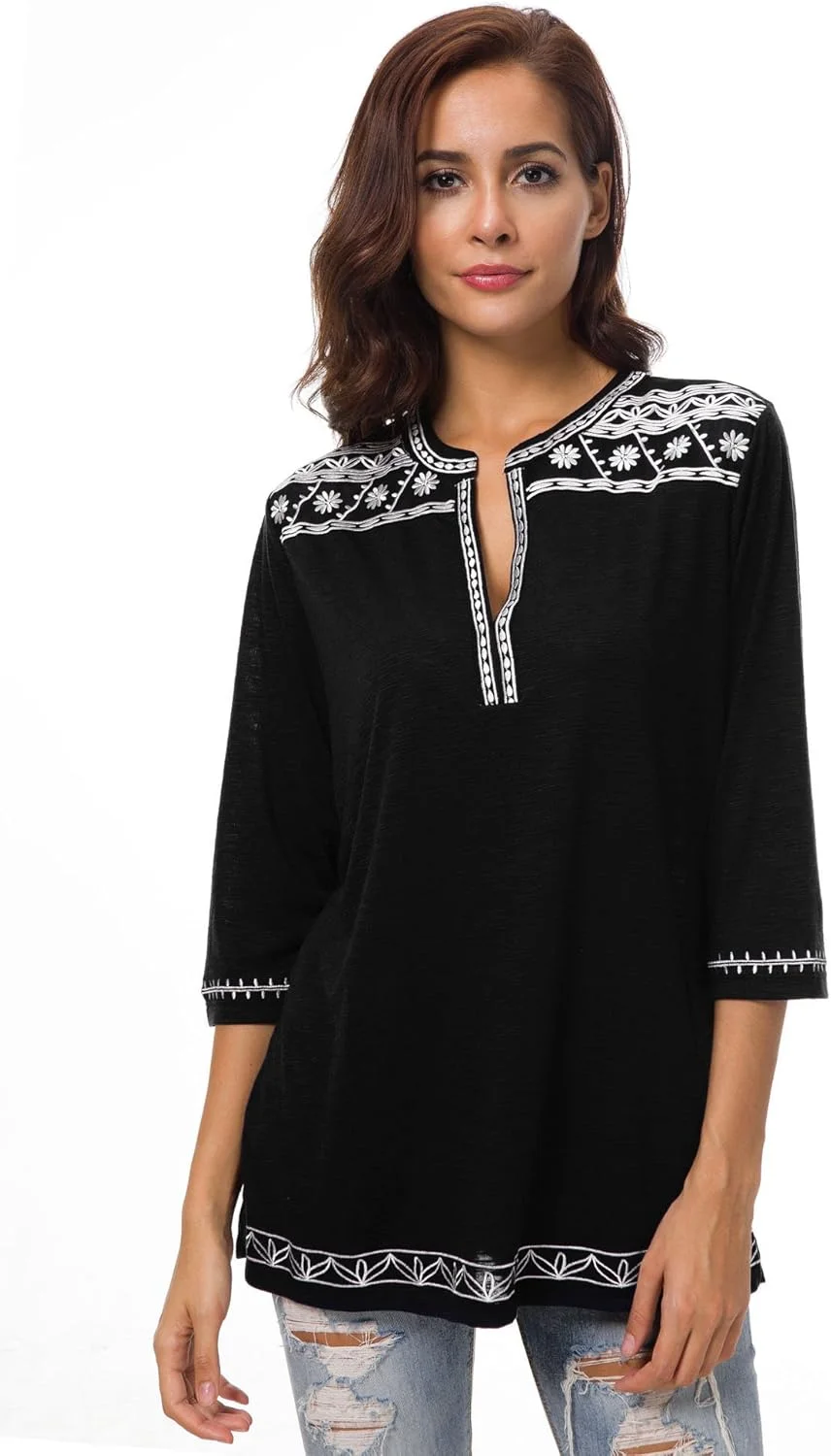 تاپ زنانه بوهو آستین سه ربع، بلوز دهقانی گلدوزی شده