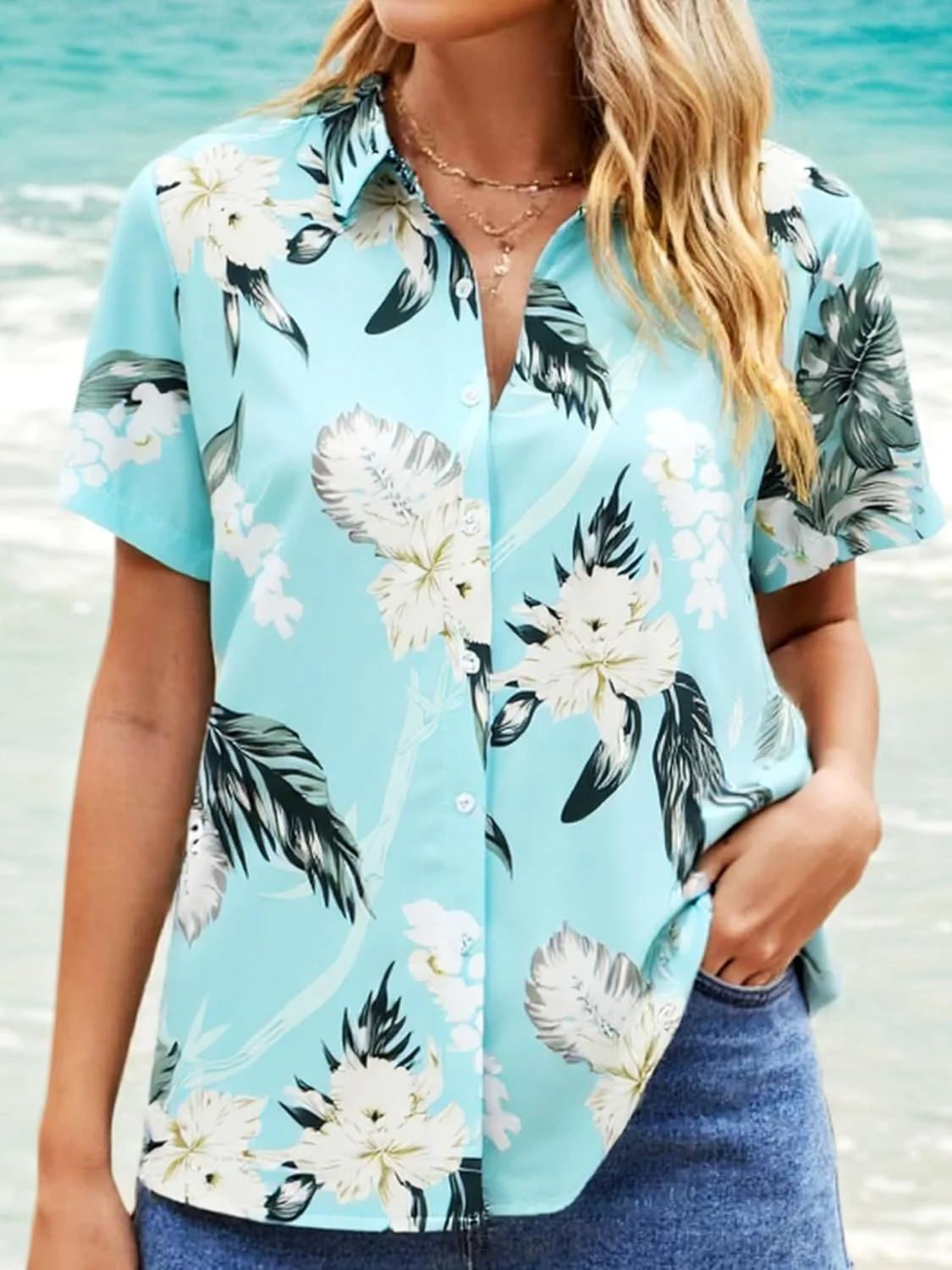 پیراهن دکمه دار زنانه با طرح گل های گرمسیری، مدل آزاد، آستین کوتاه، مناسب تابستان و ساحل