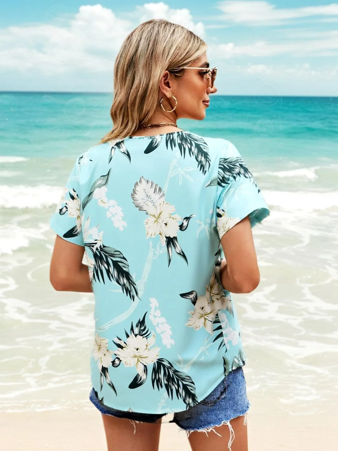 پیراهن دکمه دار زنانه با طرح گل های گرمسیری، مدل آزاد، آستین کوتاه، مناسب تابستان و ساحل