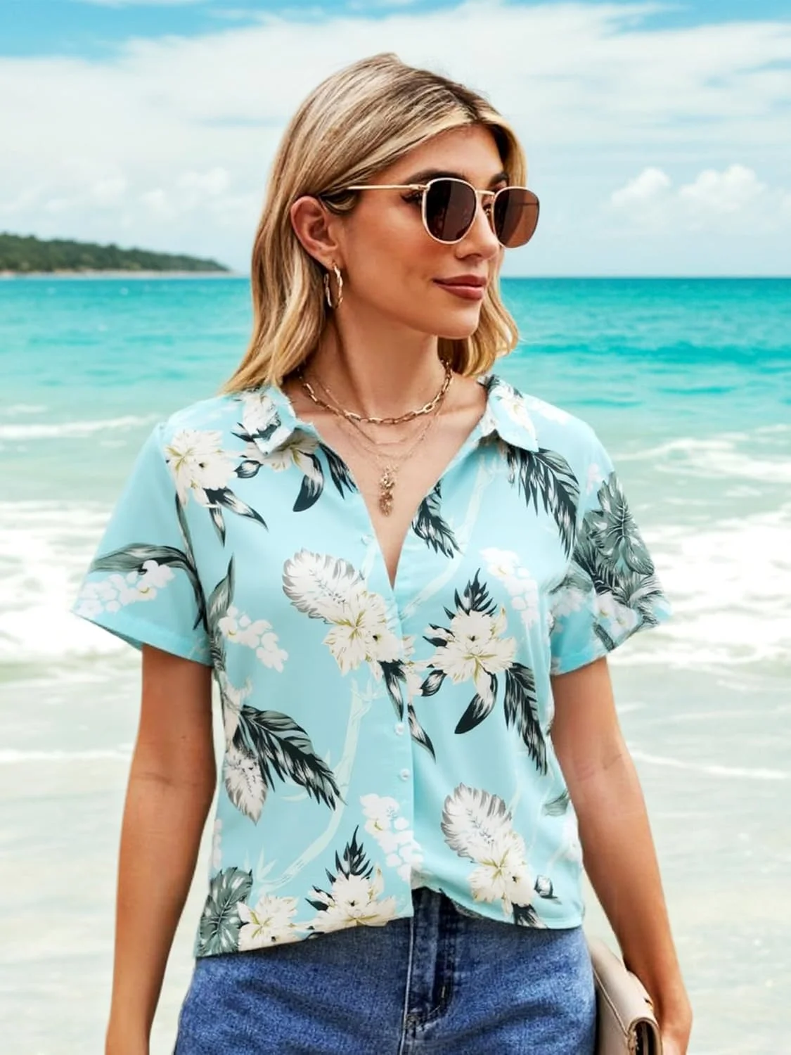 پیراهن دکمه دار زنانه با طرح گل های گرمسیری، مدل آزاد، آستین کوتاه، مناسب تابستان و ساحل