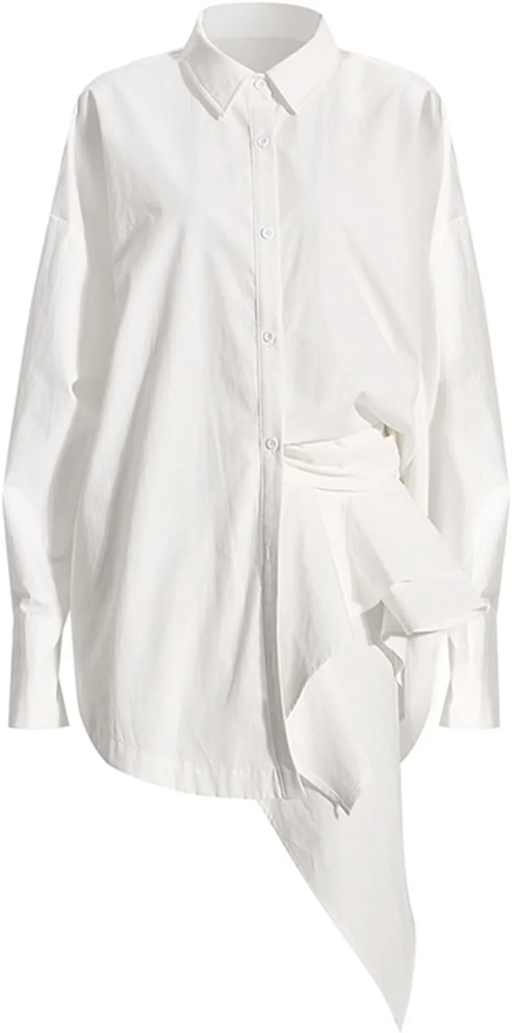 بلوز زنانه VETCS، پیراهن زنانه یقه برگردان آستین بلند گشاد دکمه دار یک طرفه چین دار نامتقارن (رنگ: سفید، سایز: M)