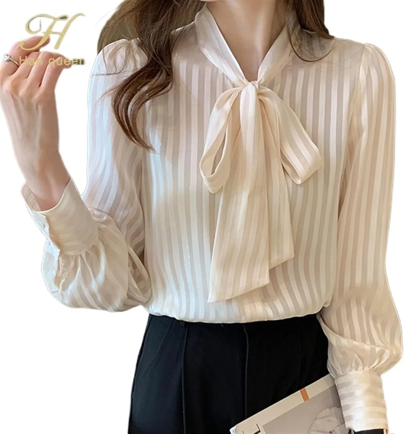 بلوز زنانه VETCS طرح پاپیونی، بلوز و شومیز زنانه، تاپ ساده آستین بلند و آزاد (سایز: L)