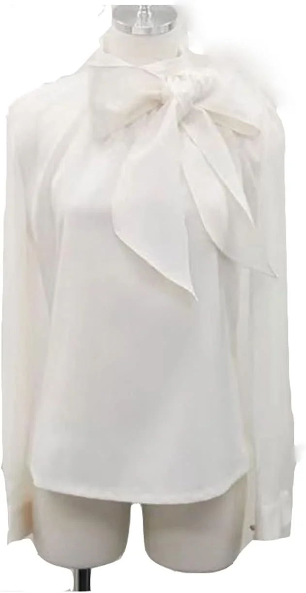 VETCS بلوز زنانه 1 عدد بلوز زنانه پیراهن اداری پاییز آستین بلند کراوات یقه اسکی شیفون رسمی زنانه پیراهن سفید مشکی (سایز: M)