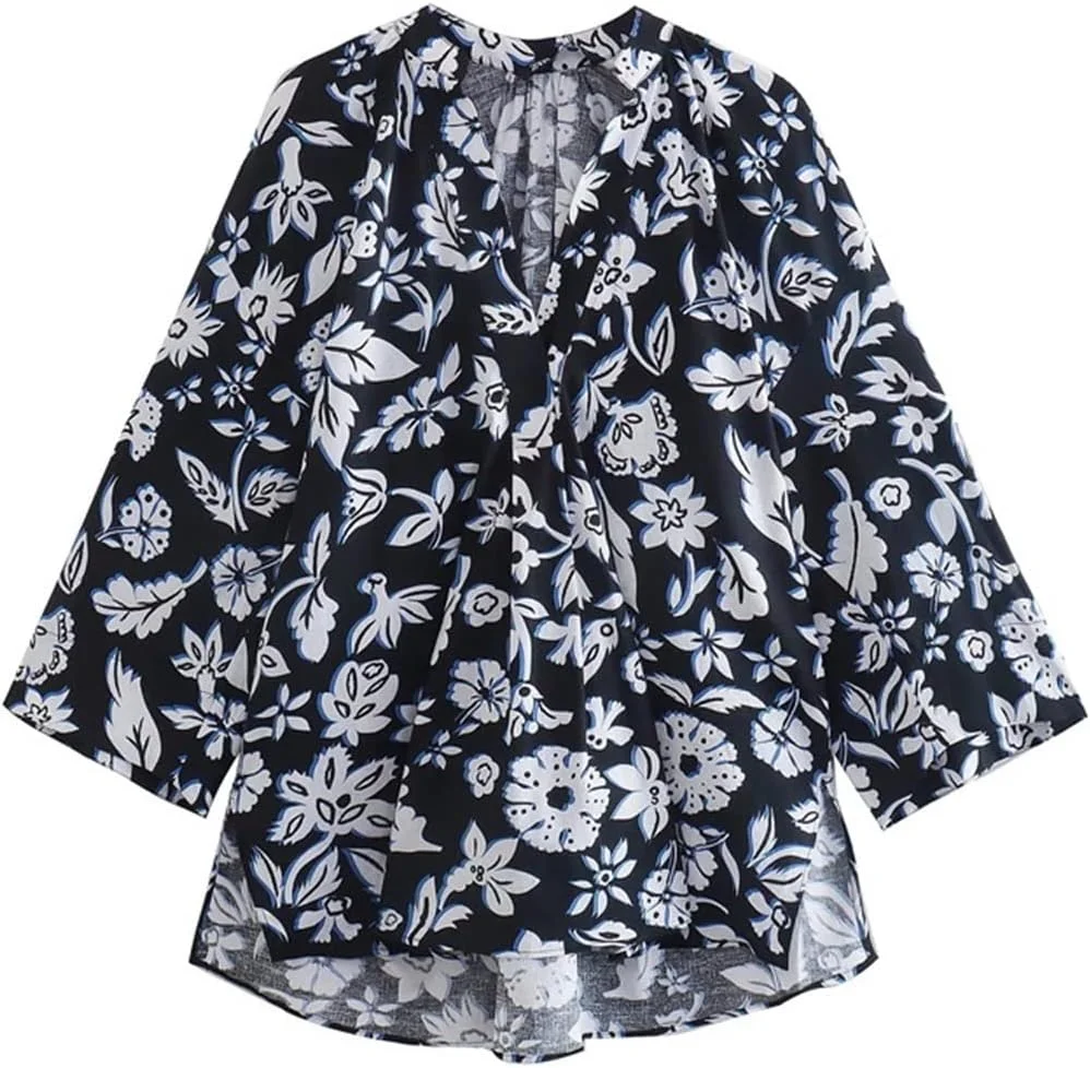 بلوز زنانه VETCS، بلوز طرح دار زنانه، بلوز آستین بلند یقه هفت زنانه، لباس های گشاد زنانه (رنگ: Hortel، سایز: L)