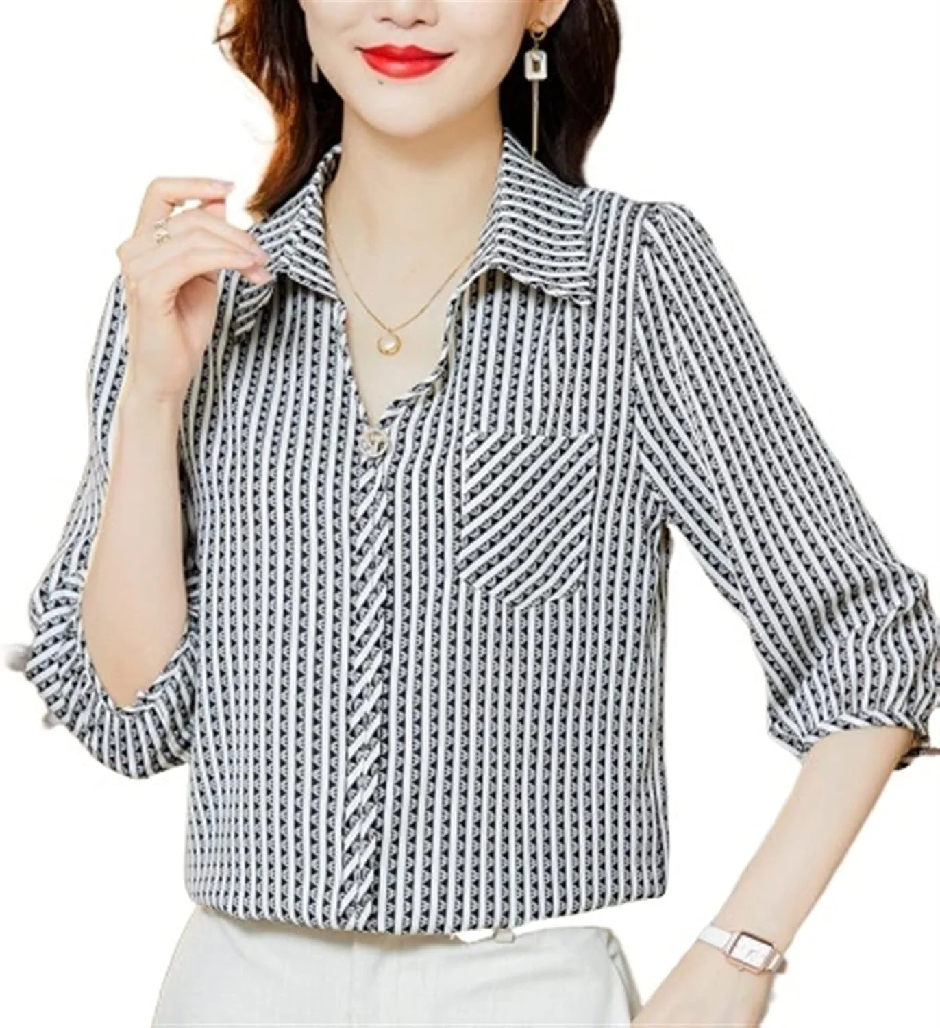 بلوز زنانه VETCS، بلوز راه راه، بلوز شیفون، بلوز یقه هفت، سایز بزرگ و Slim (رنگ: Hortel، سایز: L)