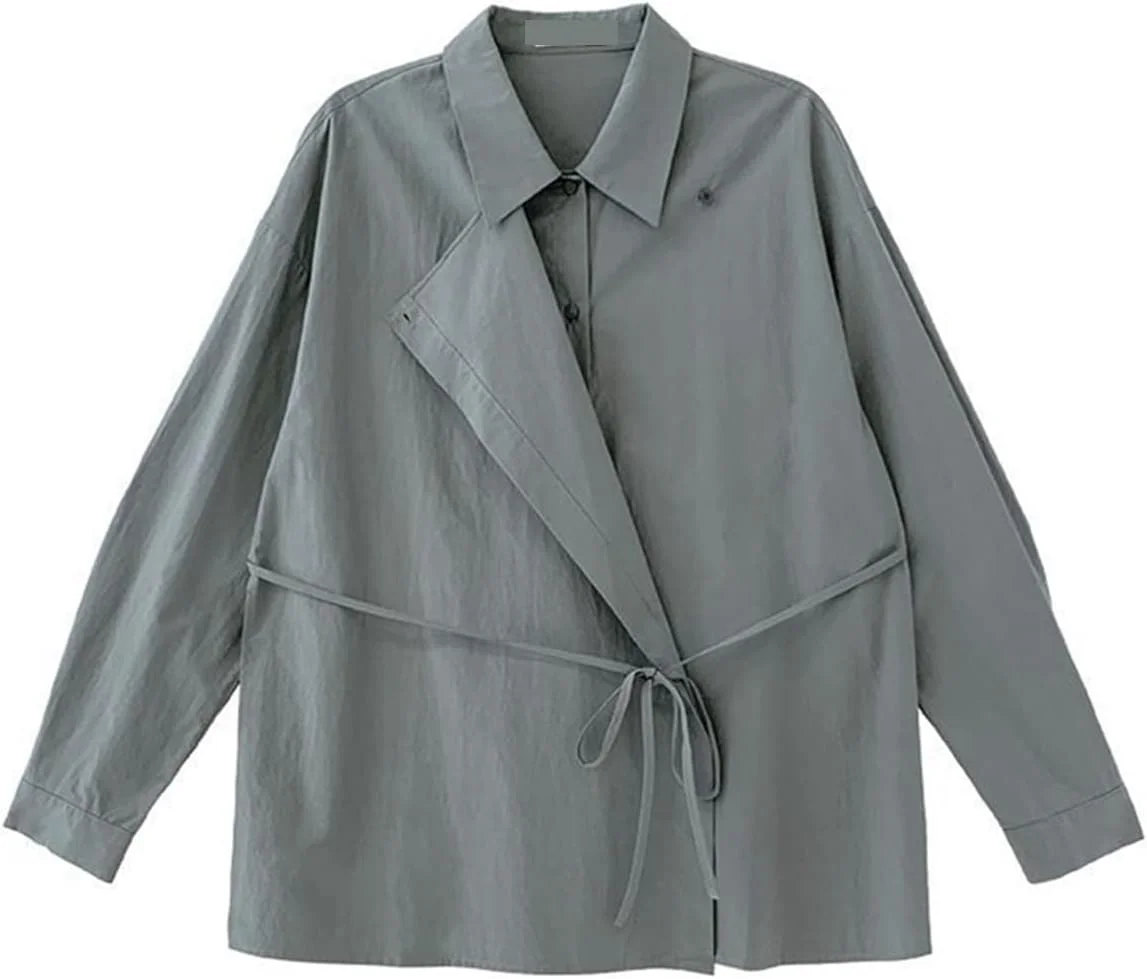 بلوز زنانه VETCS، پیراهن زنانه یقه برگردان، آستین بلند گشاد تک سینه طرح تکه دوزی شده با بانداژ (رنگ: خاکستری، سایز: تک سایز)