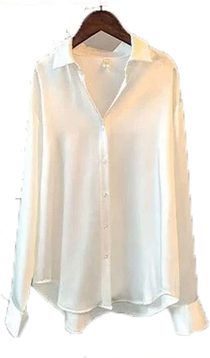 VETCS بلوز زنانه 1 عدد دکمه دار پاییزی پیراهن ابریشمی ساتن بلوز بهاری زنانه سفید آستین بلند گشاد زنانه مناسب خیابان (سایز: XL)