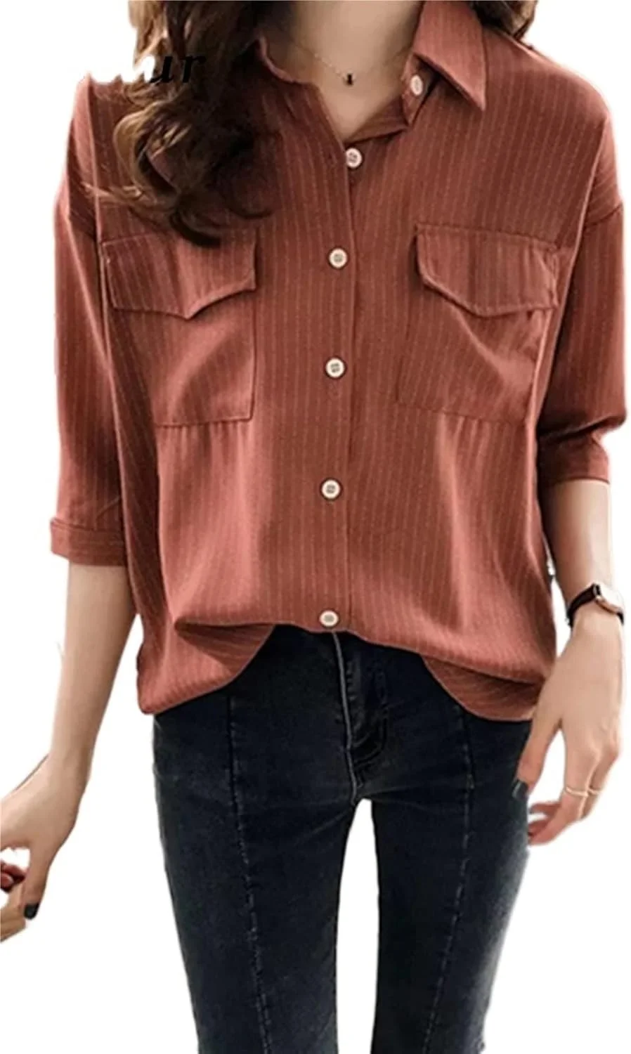 بلوز زنانه VETCS، پیراهن بلوز آستین حلقه ای زنانه، تاپ یقه دار، پیراهن راه راه غیر رسمی زنانه (رنگ: آبی تیره، سایز: XXXL)