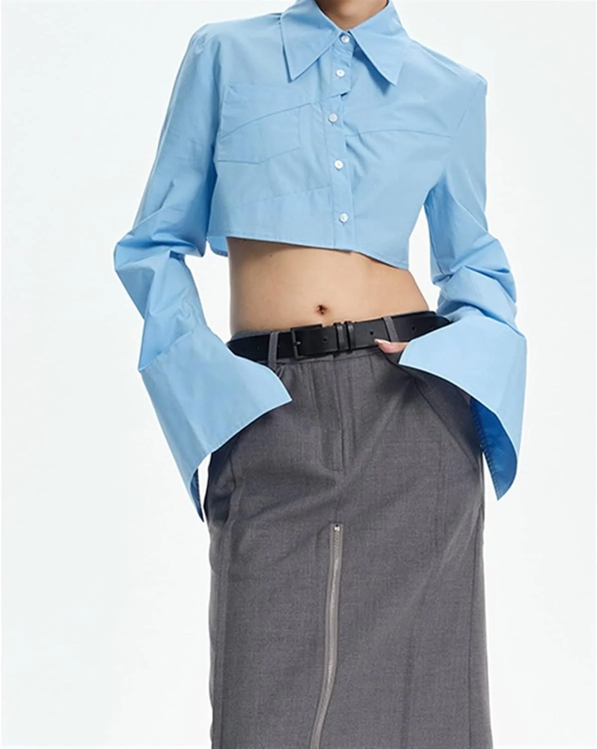 بلوز زنانه VETCS، پیراهن زنانه یقه برگردان، سکسی، نامتقارن، تک دکمه، آستین بزرگ، بلوز کوتاه سفید (رنگ: Hortel، سایز: M)