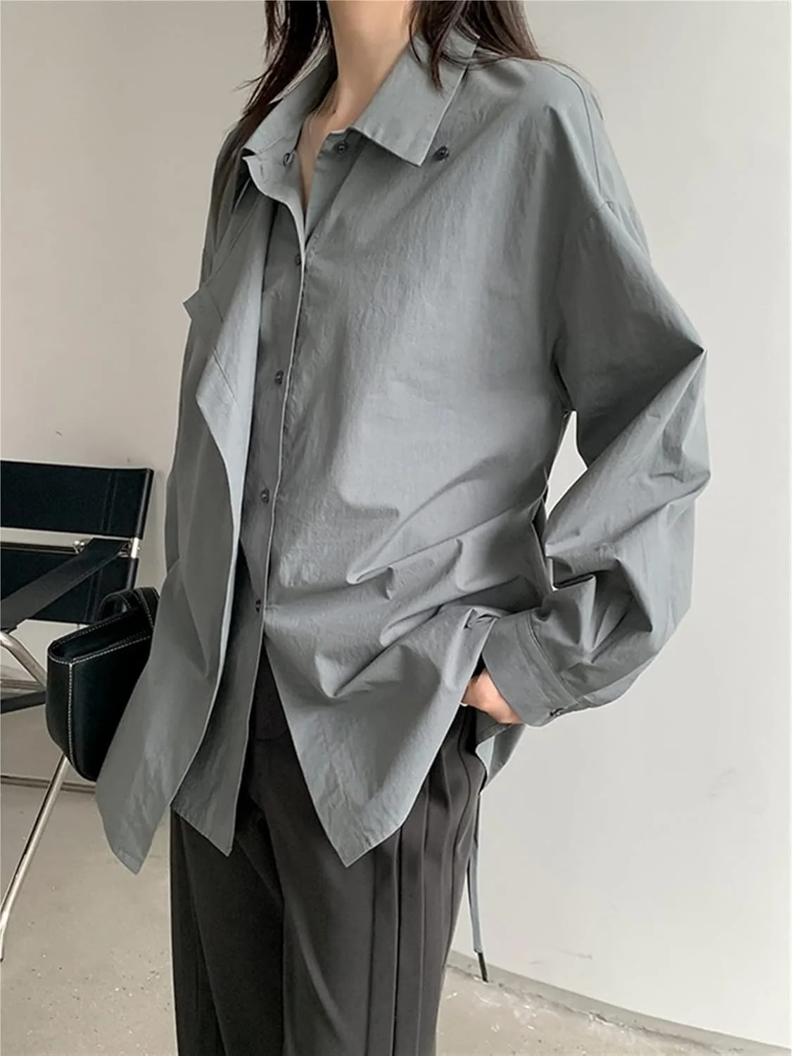 بلوز زنانه VETCS، پیراهن زنانه یقه برگردان، آستین بلند گشاد تک سینه طرح تکه دوزی شده با بانداژ (رنگ: خاکستری، سایز: تک سایز)