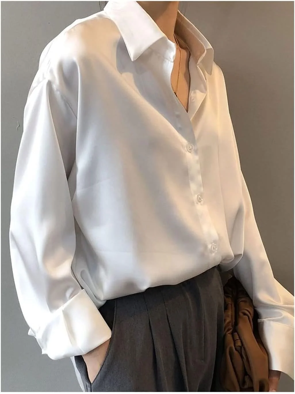 VETCS بلوز زنانه 1 عدد دکمه دار پاییزی پیراهن ابریشمی ساتن بلوز بهاری زنانه سفید آستین بلند گشاد زنانه مناسب خیابان (سایز: XL) VETCS بلوز زنانه 1 عدد دکمه دار پاییزی پیراهن ابریشمی ساتن بلوز بهاری زنانه سفید آستین بلند گشاد زنانه مناسب خیابان (سایز: XL)