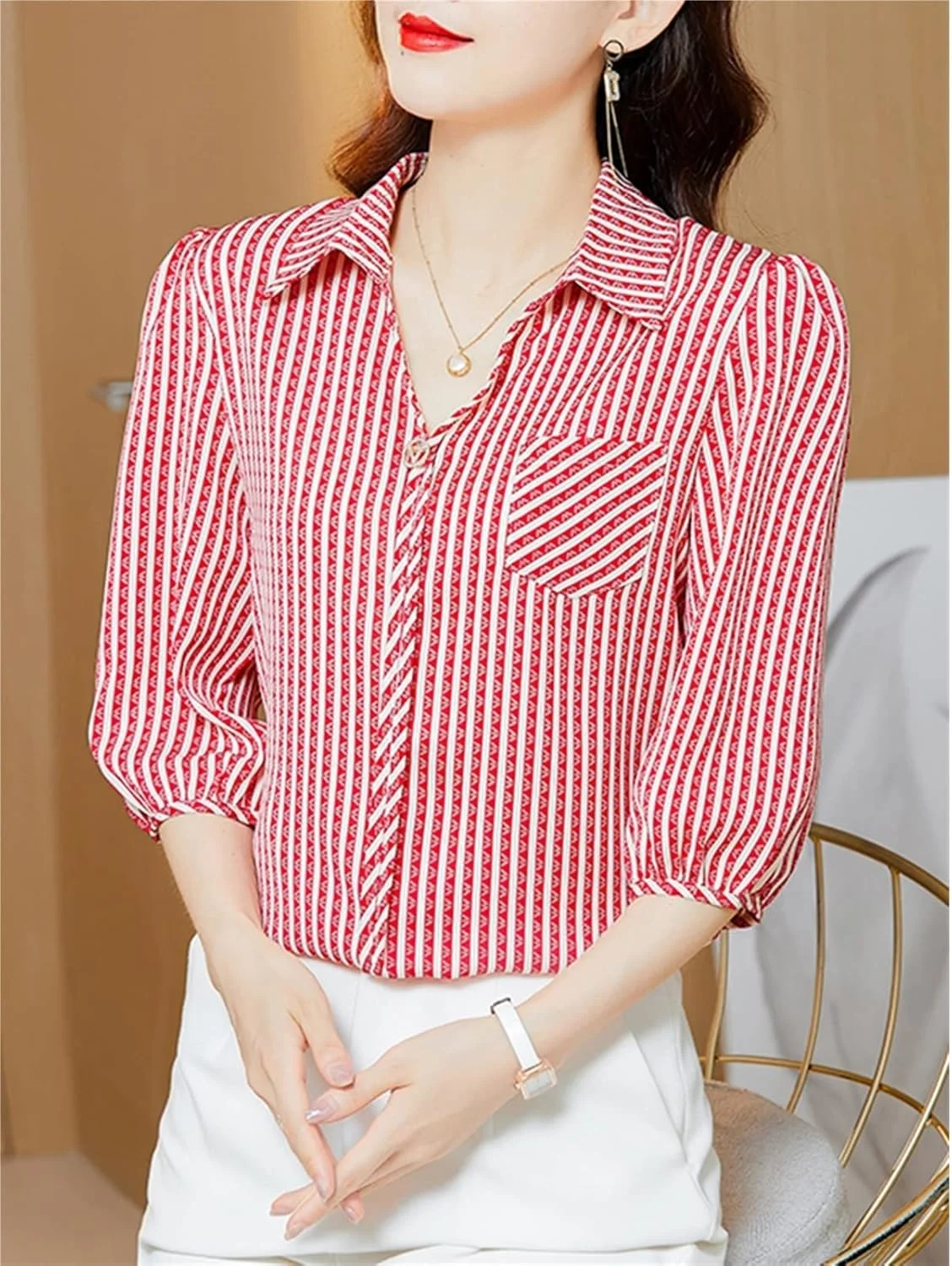 بلوز زنانه VETCS، بلوز راه راه، بلوز شیفون، بلوز یقه هفت، سایز بزرگ و Slim (رنگ: Hortel، سایز: L) بلوز زنانه VETCS، بلوز راه راه، بلوز شیفون، بلوز یقه هفت، سایز بزرگ و Slim (رنگ: Hortel، سایز: L)