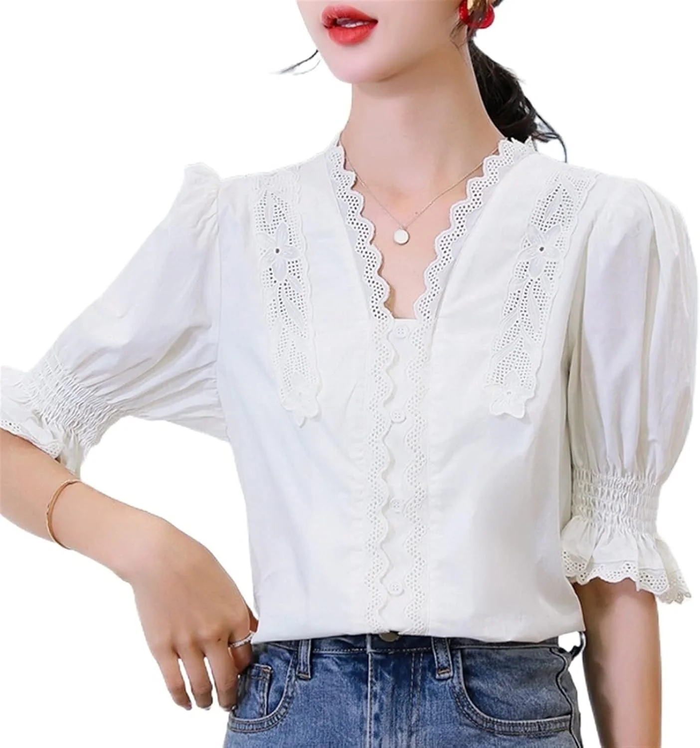 بلوز زنانه VETCS، پیراهن زنانه یقه هفت توری سفید، پیراهن آستین پفی رنگ ثابت زنانه بلوز زنانه VETCS، پیراهن زنانه یقه هفت توری سفید، پیراهن آستین پفی رنگ ثابت زنانه