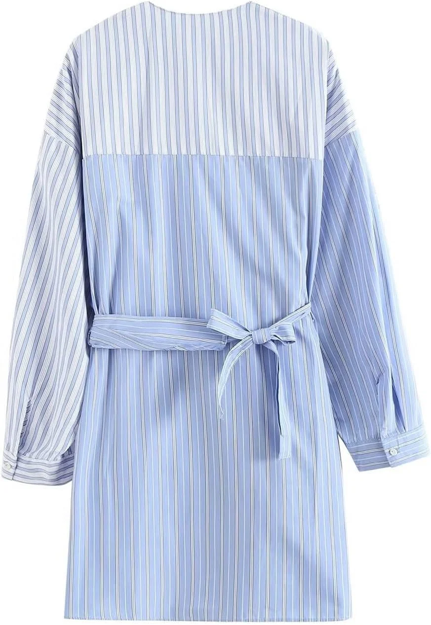 بلوز زنانه VETCS، پیراهن آبی زنانه، آستین بلند یقه هفت، بلوز راه راه با پنل بند دار و آستر، تاپ زنانه، لباس زنانه (سایز: L)