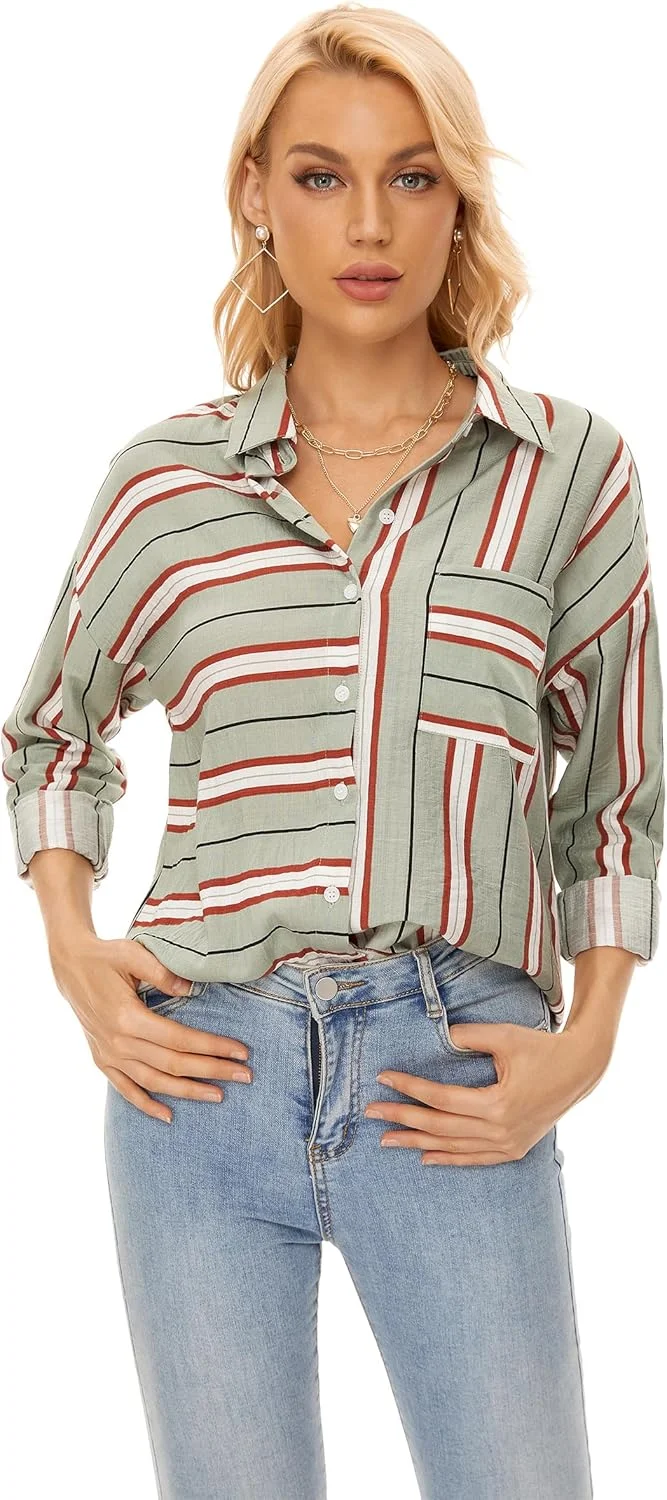 پیراهن دکمه دار زنانه آستین بلند، مدل آزاد، یقه دار، مناسب کار، جنس لینن، دارای جیب پیراهن دکمه دار زنانه آستین بلند، مدل آزاد، یقه دار، مناسب کار، جنس لینن، دارای جیب