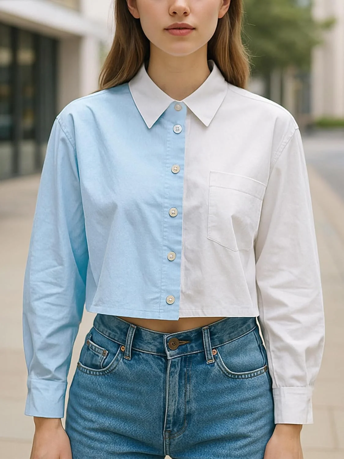 بلوز زنانه دکمه دار نخی آستین بلند کراپ بلوز زنانه دکمه دار نخی آستین بلند کراپ