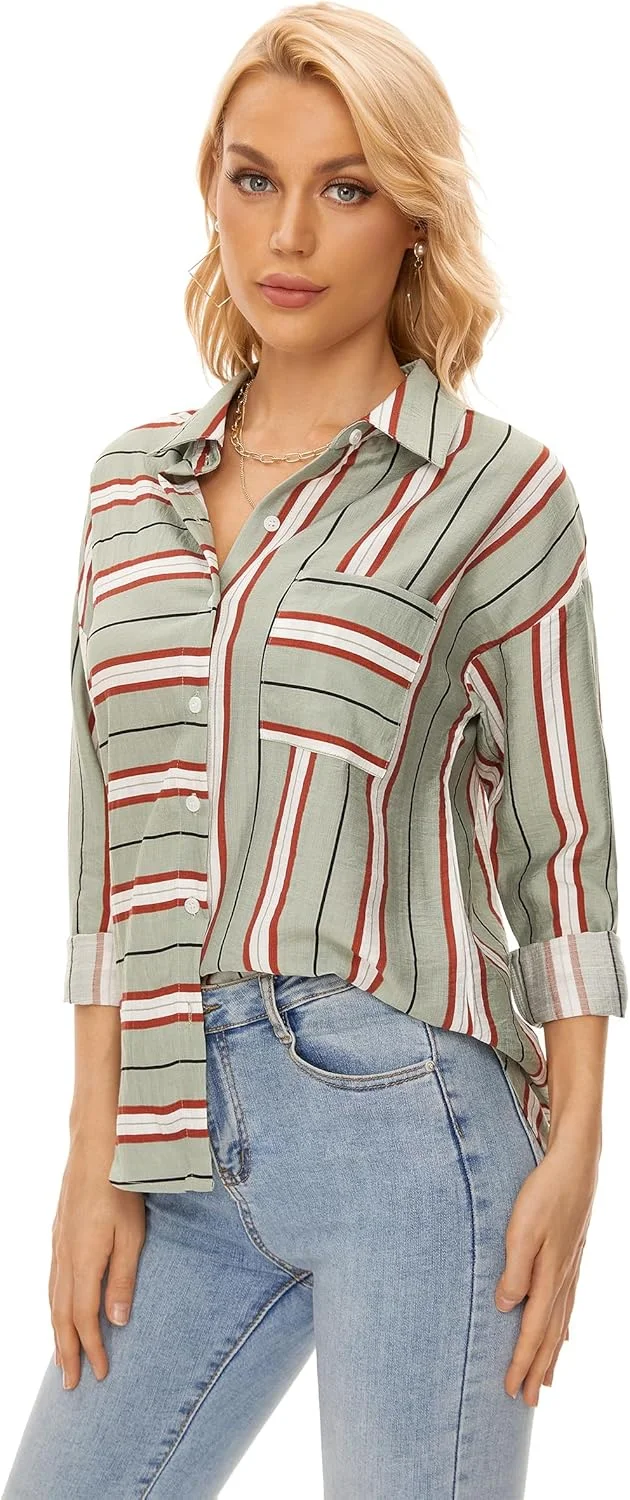 پیراهن دکمه دار زنانه آستین بلند، مدل آزاد، یقه دار، مناسب کار، جنس لینن، دارای جیب