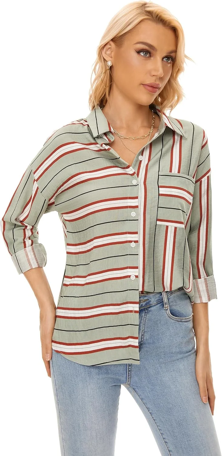 پیراهن دکمه دار زنانه آستین بلند، مدل آزاد، یقه دار، مناسب کار، جنس لینن، دارای جیب