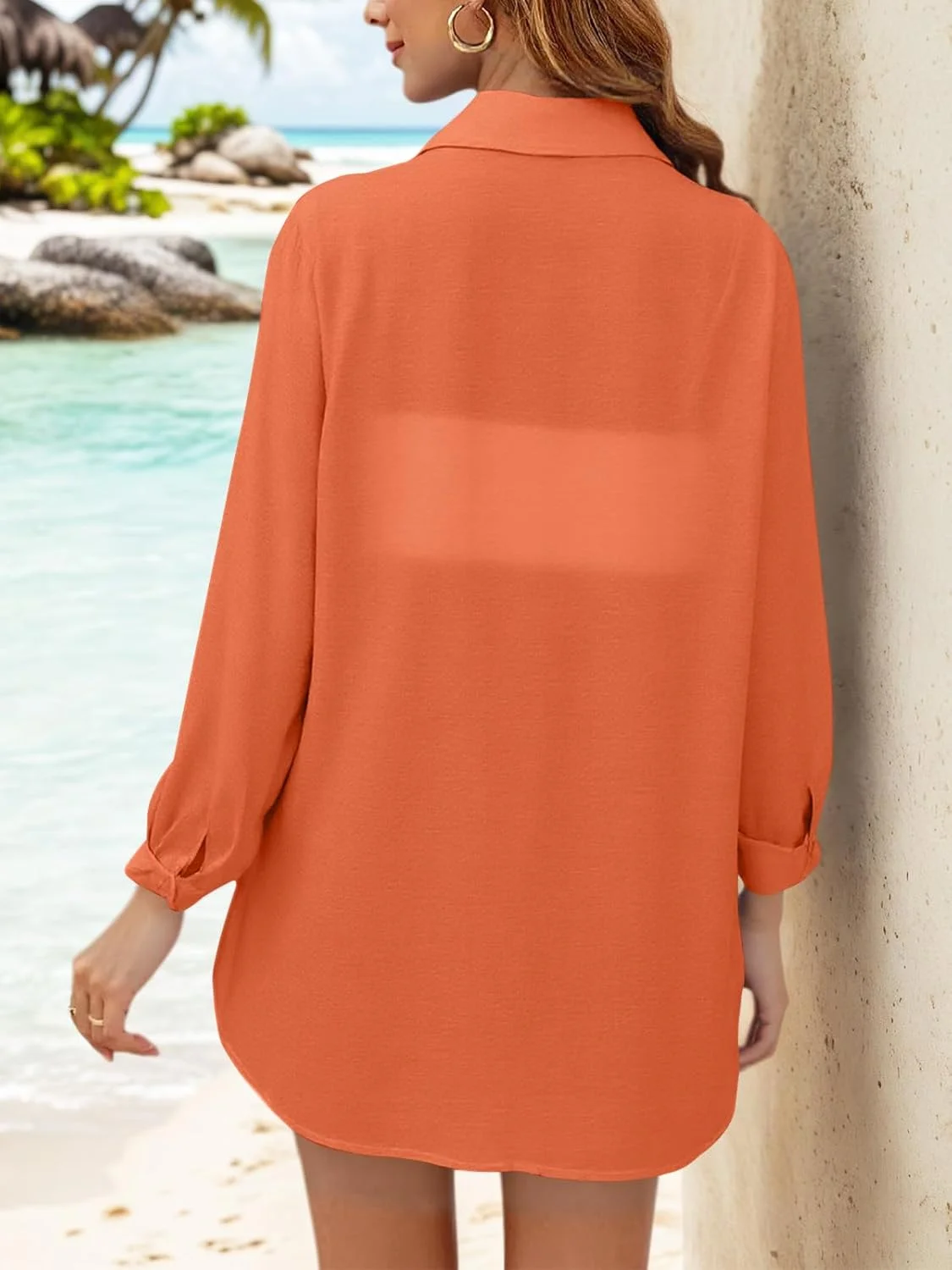 پیراهن دکمه دار زنانه پاییز 2025، پیراهن ساحلی غیر رسمی یقه هفت، آستین بلند گره دار، کت محافظ آفتاب