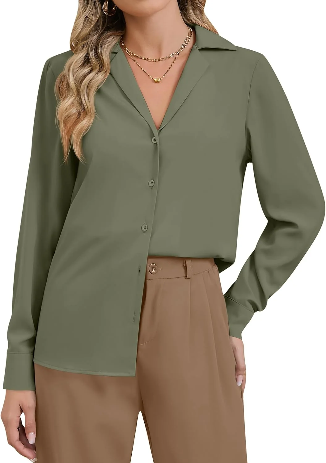 بلوز زنانه ابریشمی آستین بلند یقه هفت دکمه دار، بلوز ساتن شیک و غیر رسمی یقه برگردان زنانه 2025