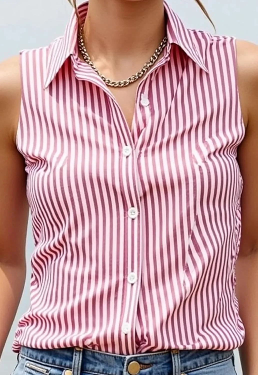 تاپ زنانه بدون آستین دکمه دار، بلوز، رنگ ثابت، غیر رسمی، گشاد، یقه هفت مناسب کار