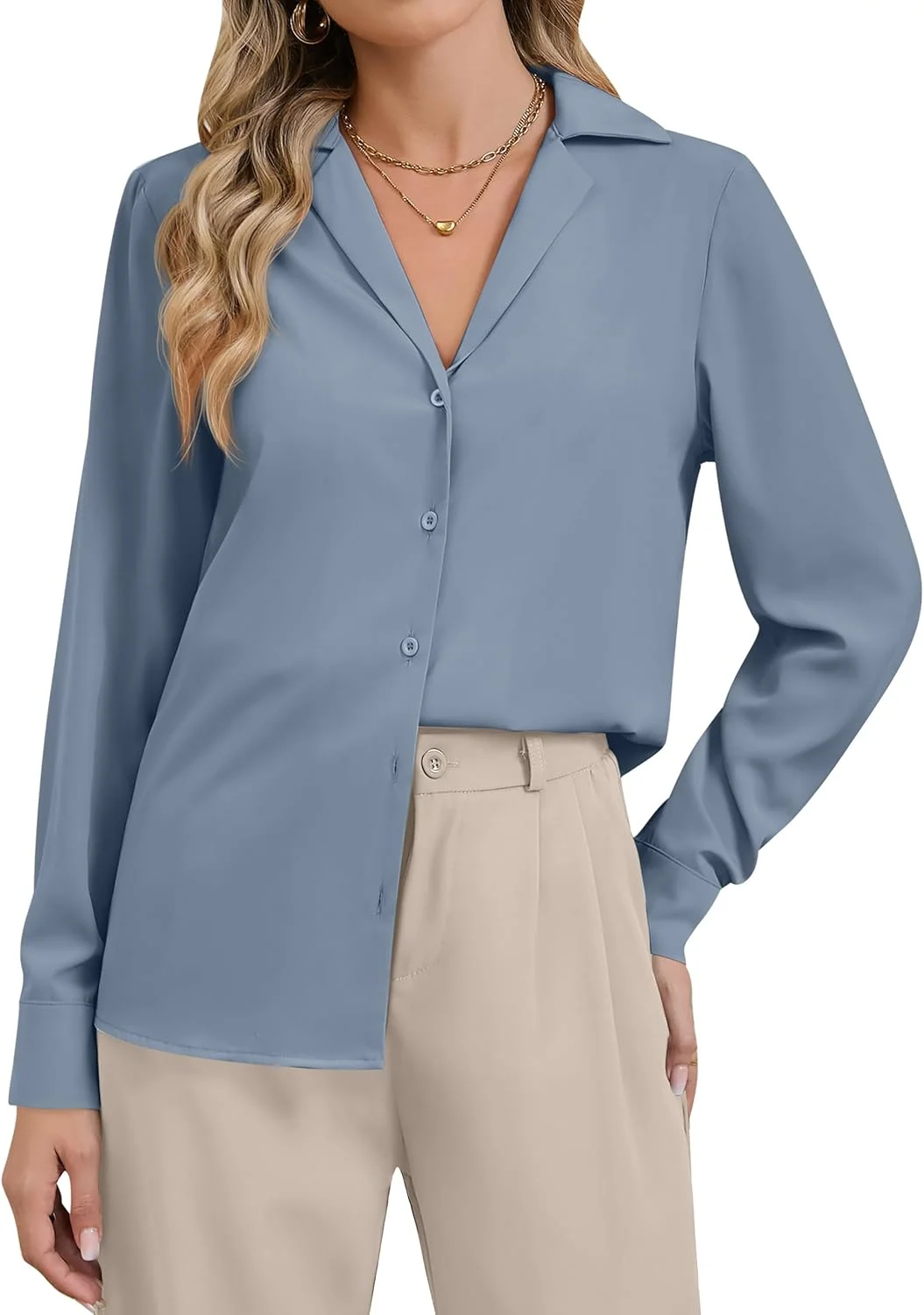 تاپ های زنانه رسمی و غیررسمی، بلوزهای دکمه دار آستین بلند ساتن ابریشمی ظریف، یقه برگردان، یقه هفت، مناسب کار