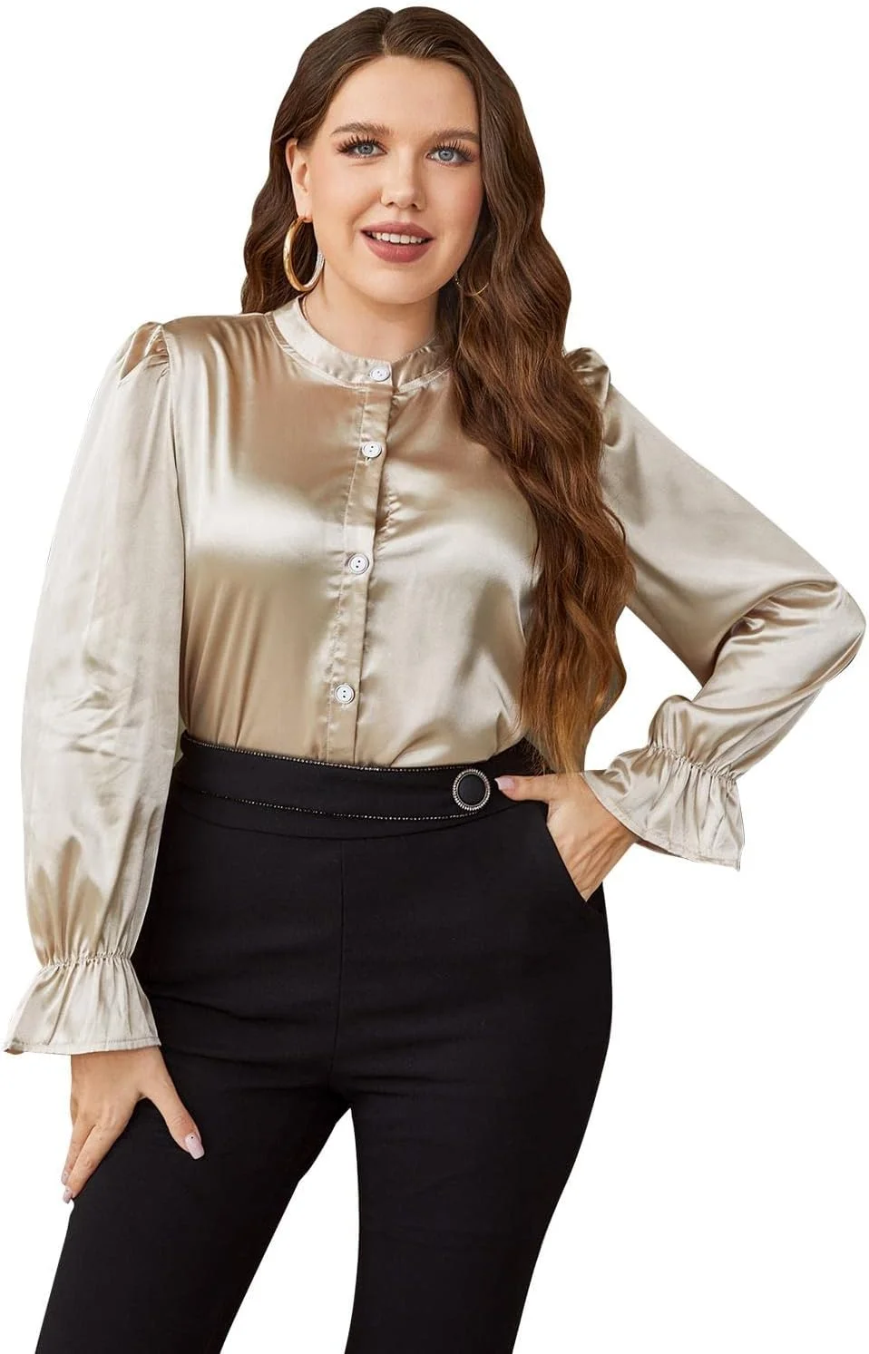 بلوز ساتن آستین بلند زنانه سایز بزرگ، مناسب کار، مدل قدیمی دکمه دار و چین دار، طلایی، سایز ایکس لارج پلاس