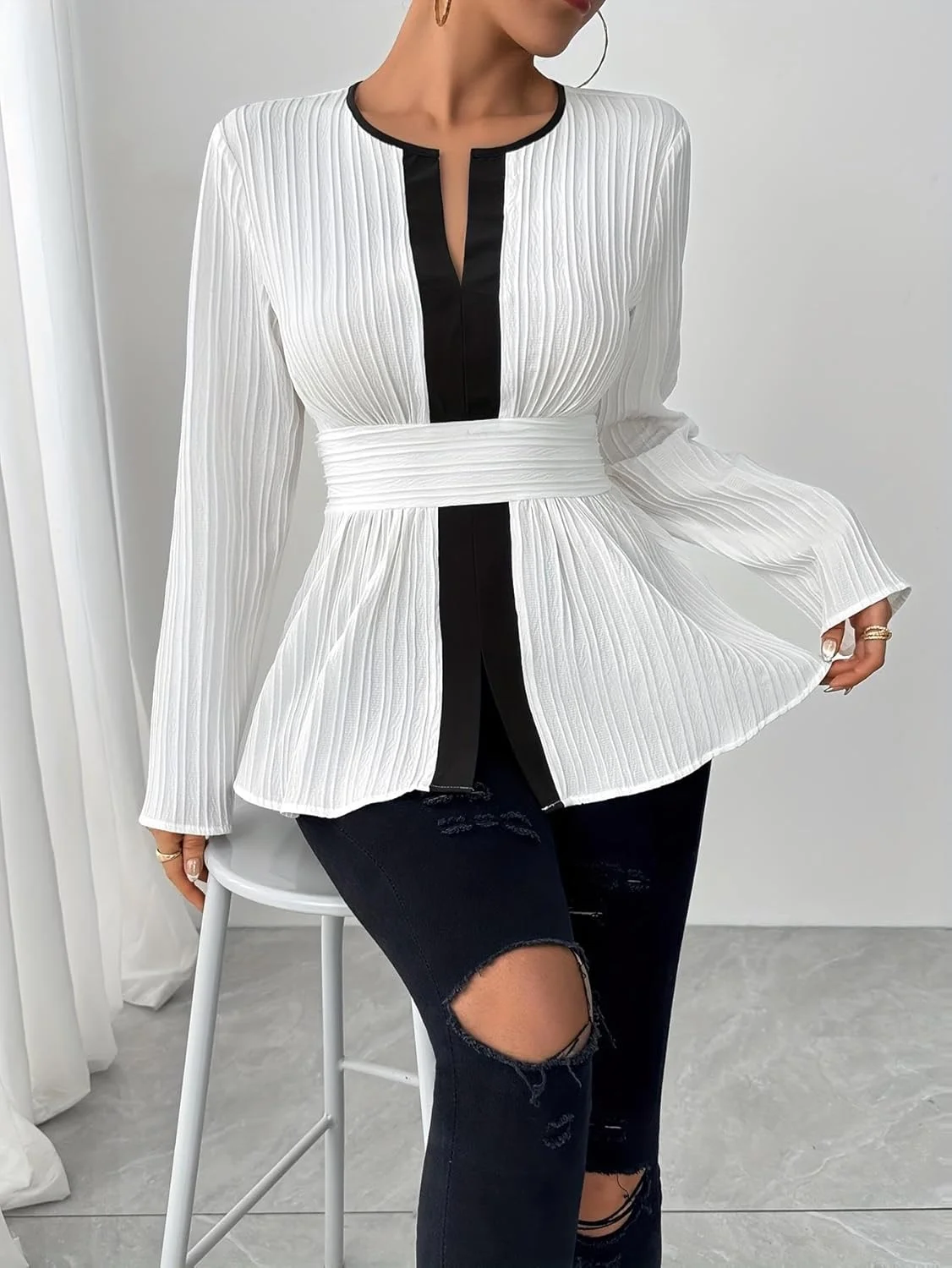 پیراهن زنانه دکمه دار، بلوز آستین بلند سرآستین کشی، یقه دار، مناسب استایل کژوال و رسمی