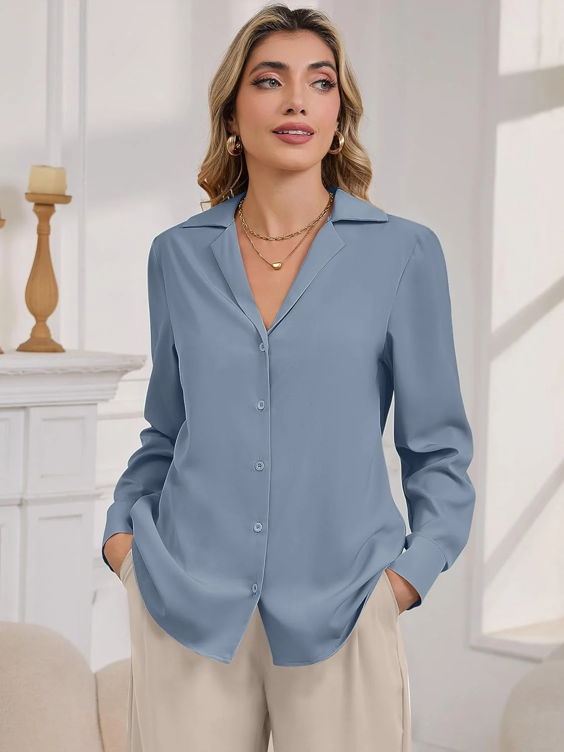 تاپ های زنانه رسمی و غیررسمی، بلوزهای دکمه دار آستین بلند ساتن ابریشمی ظریف، یقه برگردان، یقه هفت، مناسب کار