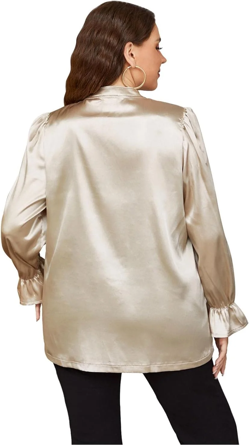 بلوز ساتن آستین بلند زنانه سایز بزرگ، مناسب کار، مدل قدیمی دکمه دار و چین دار، طلایی، سایز ایکس لارج پلاس