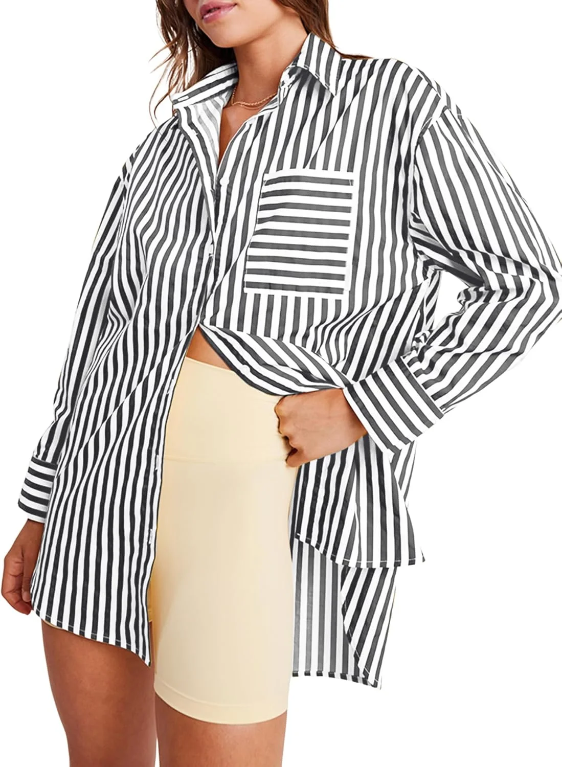 ZAFUL بلوز زنانه راه راه دکمه دار آستین بلند شیک یقه هفت با جیب