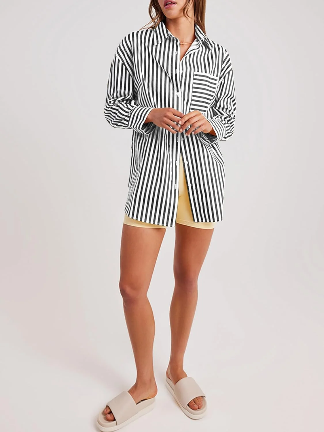 ZAFUL بلوز زنانه راه راه دکمه دار آستین بلند شیک یقه هفت با جیب