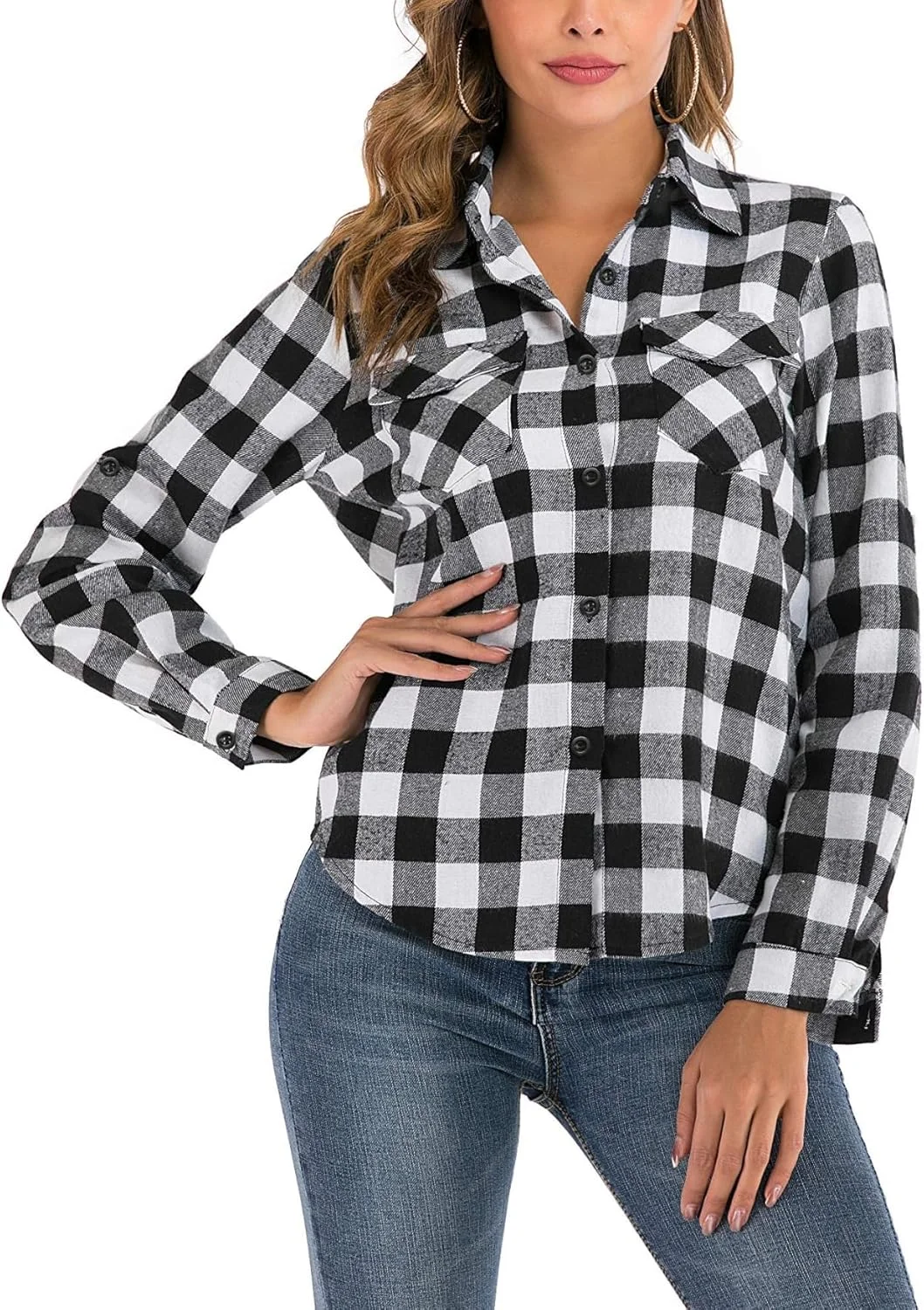 بلوز چهارخانه زنانه Yukiuiny، 100% پنبه، آستین بلند، پیراهن فلانل نرم، پیراهن دکمه دار غیر رسمی، مناسب پاییز و بهار، مشکی-سفید، XL