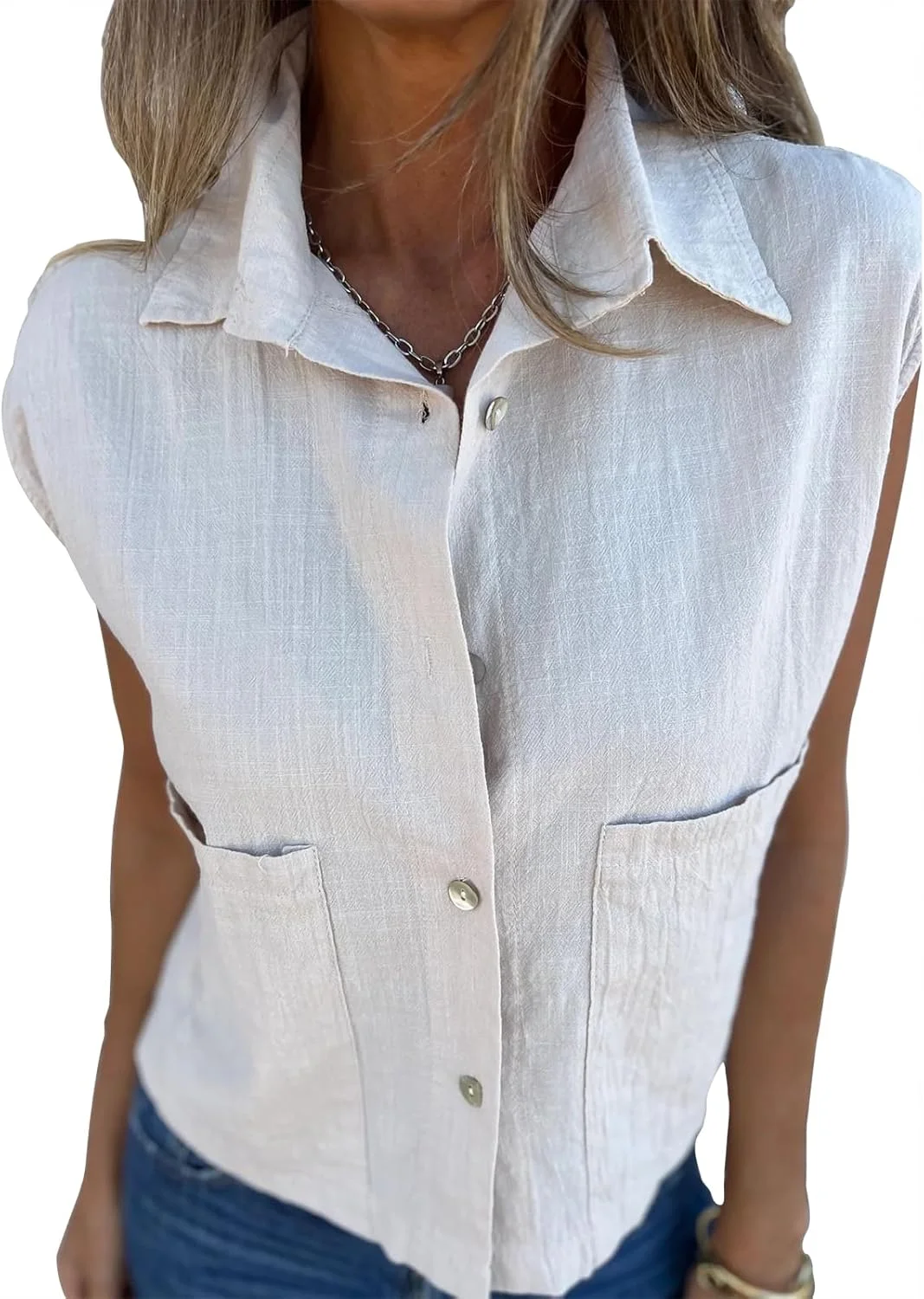 یونیفیز پیراهن لینن زنانه دکمه دار، پیراهن آستین کوتاه تابستانی یقه هفت، بلوزهای ساده غیر رسمی