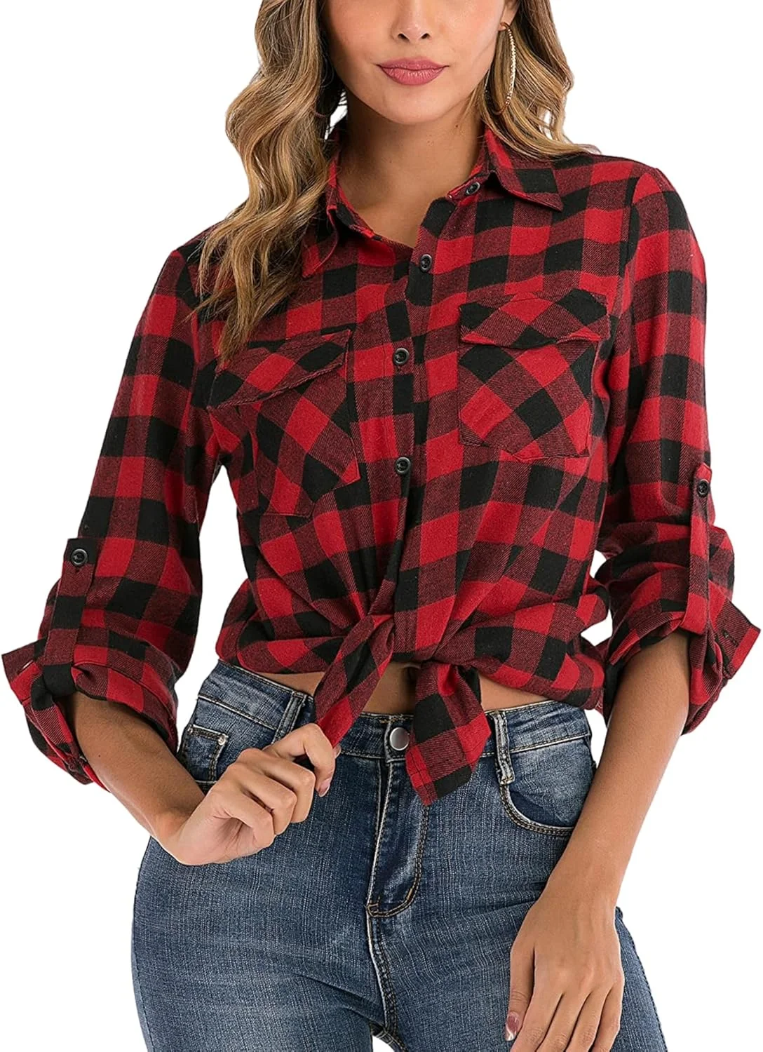 یوکیوینی بلوز چهارخانه زنانه 100% پنبه آستین بلند پیراهن فلانل نرم دکمه دار غیر رسمی مدل چوب بر برای پاییز و بهار، قرمز، XXL