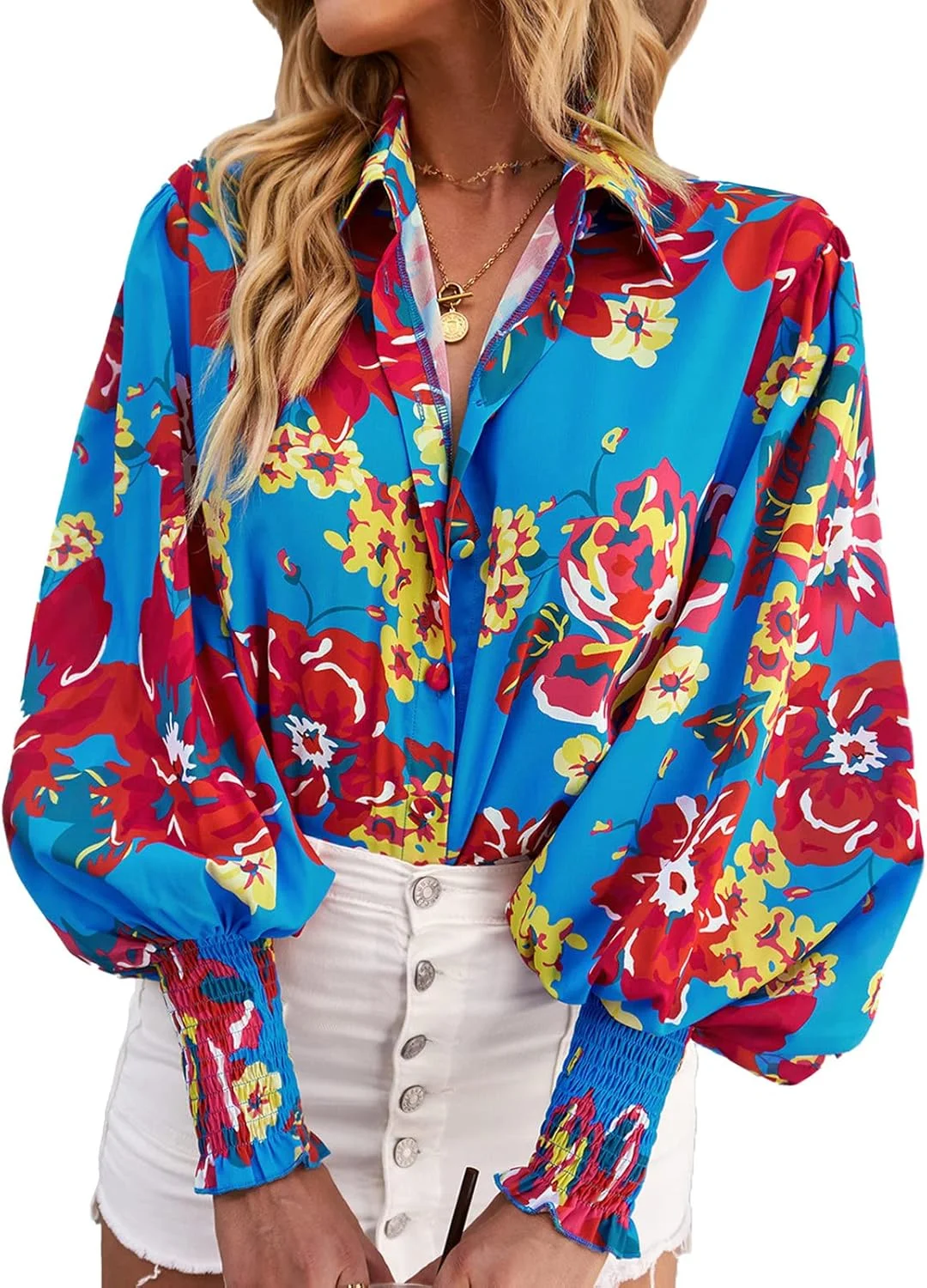 پیراهن آستین بلند زنانه با طرح گل، دکمه دار، یقه برگردان، بلوز گشاد و غیر رسمی، یقه هفت، مناسب کار