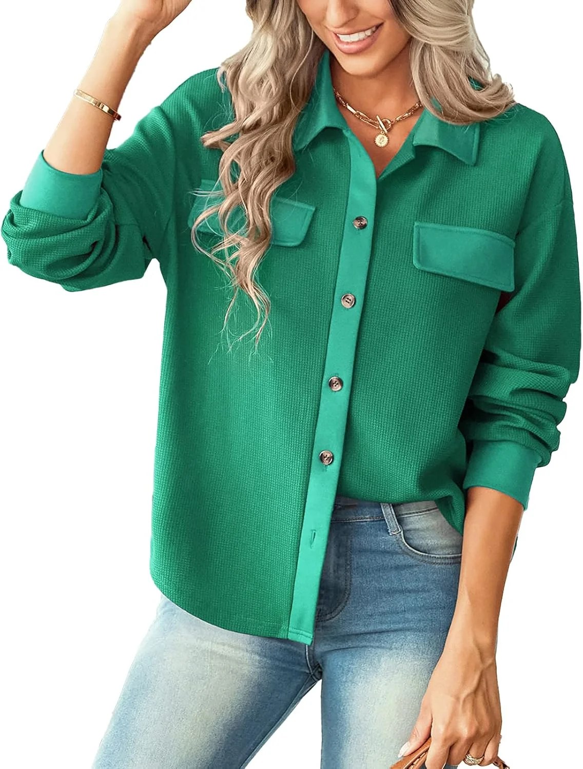 بلوز آستین بلند زنانه دکمه دار وافل، تاپ غیر رسمی گشاد، رنگ ثابت، یقه برگردان، مناسب کار، پیراهن ساده