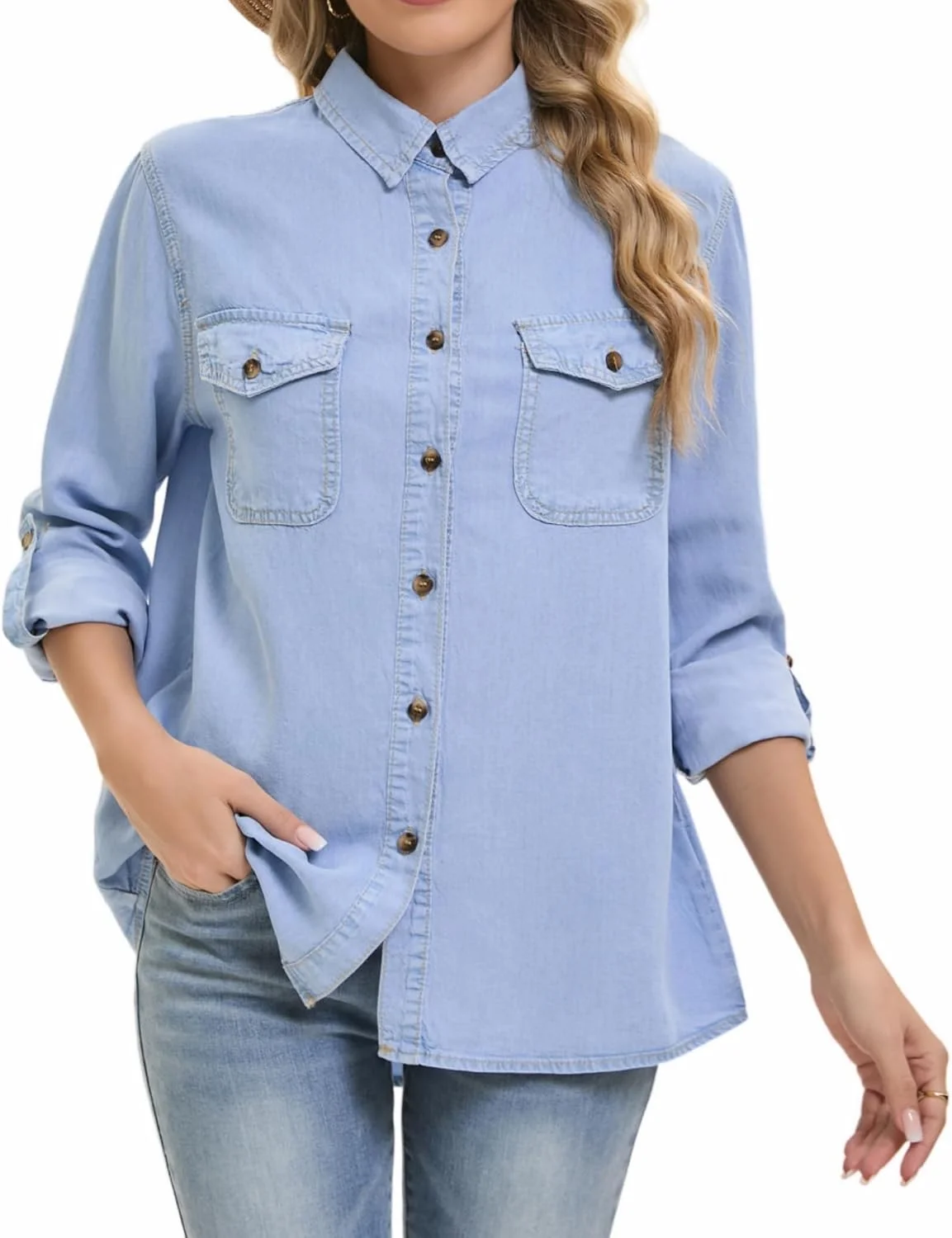 پیراهن جین دکمه دار زنانه YPCT، مناسب برای محیط کار، سبک و آستین بلند