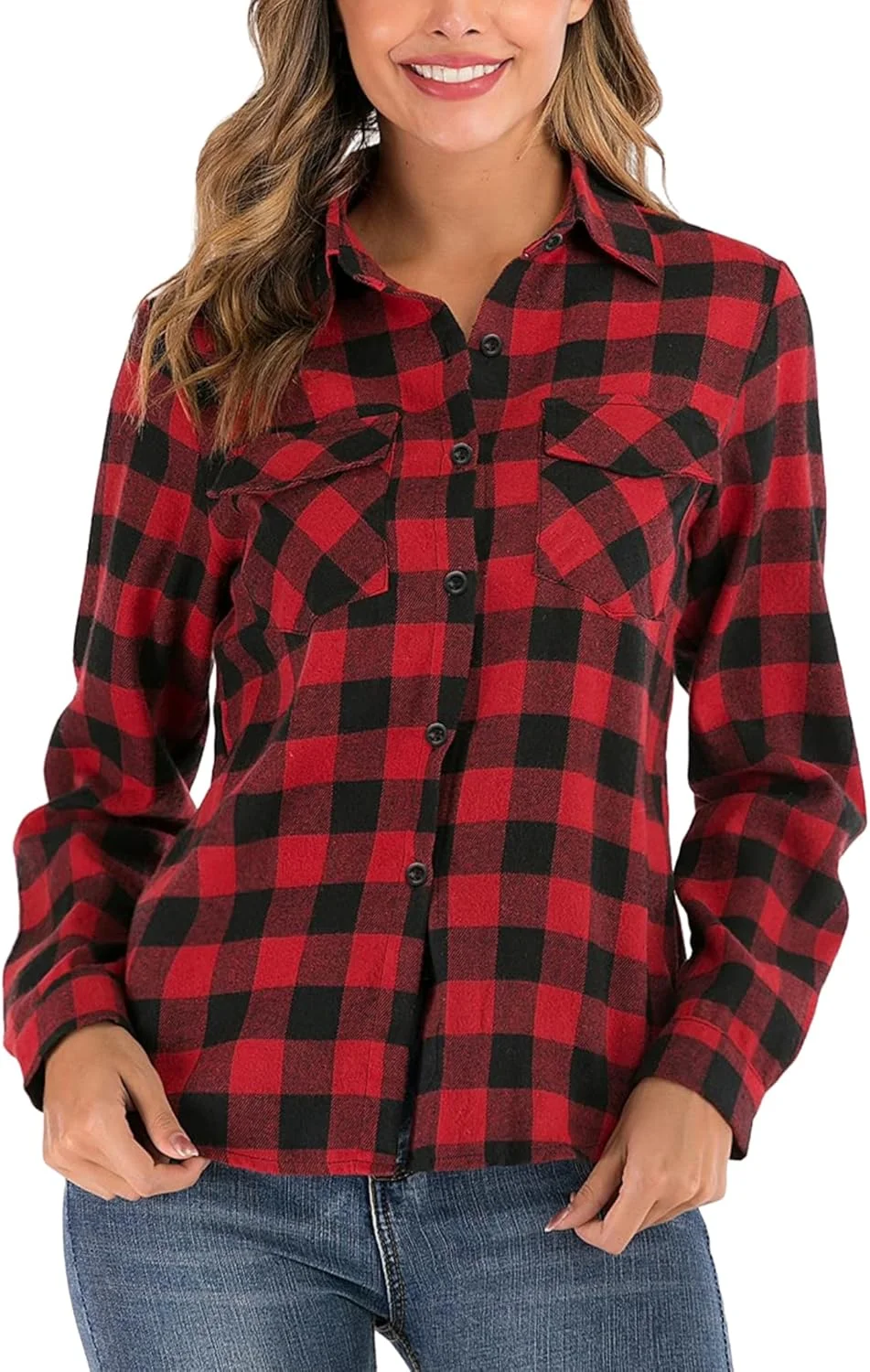 یوکیوینی بلوز چهارخانه زنانه 100% پنبه آستین بلند پیراهن فلانل نرم دکمه دار غیر رسمی مدل چوب بر برای پاییز و بهار، قرمز، XXL
