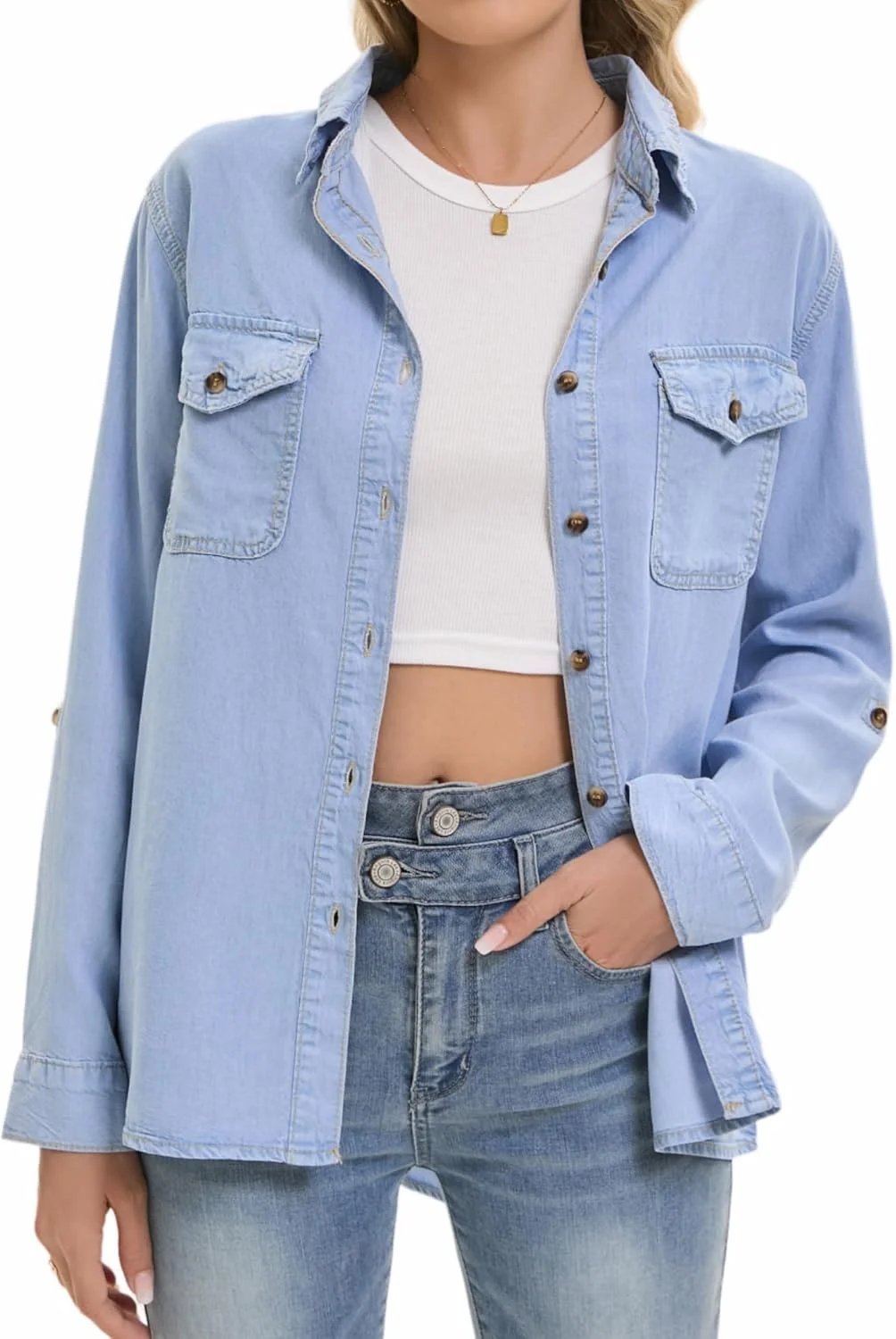 پیراهن جین دکمه دار زنانه YPCT، مناسب برای محیط کار، سبک و آستین بلند