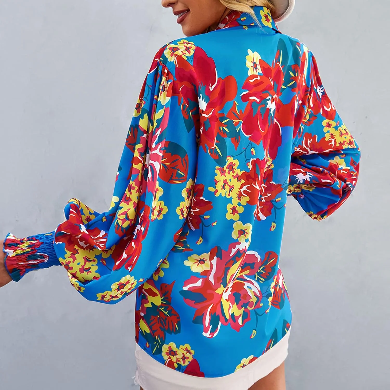 پیراهن آستین بلند زنانه با طرح گل، دکمه دار، یقه برگردان، بلوز گشاد و غیر رسمی، یقه هفت، مناسب کار