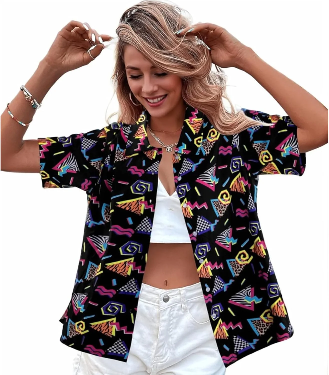 پیراهن زنانه یولسان طرح دهه 80 و 90، پیراهن هاوایی مهمانی دیسکو رترو دهه 80، آستین کوتاه، بلوز دکمه دار نئون